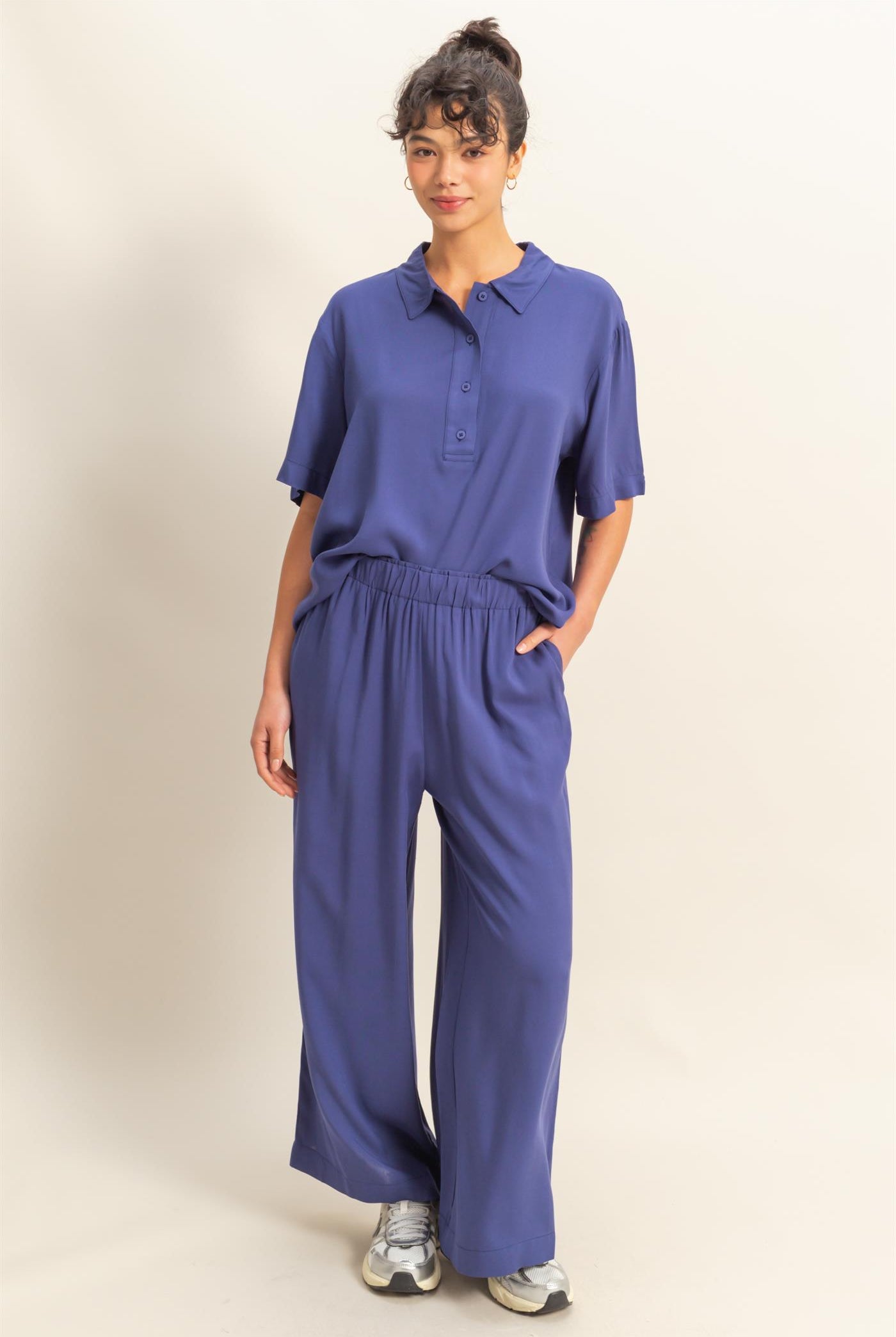 Wholesale Woven Half Button-Up Relaxed Top Clothing Tops DZ25C814 DUSTY INDIGO DOUBLE ZERO