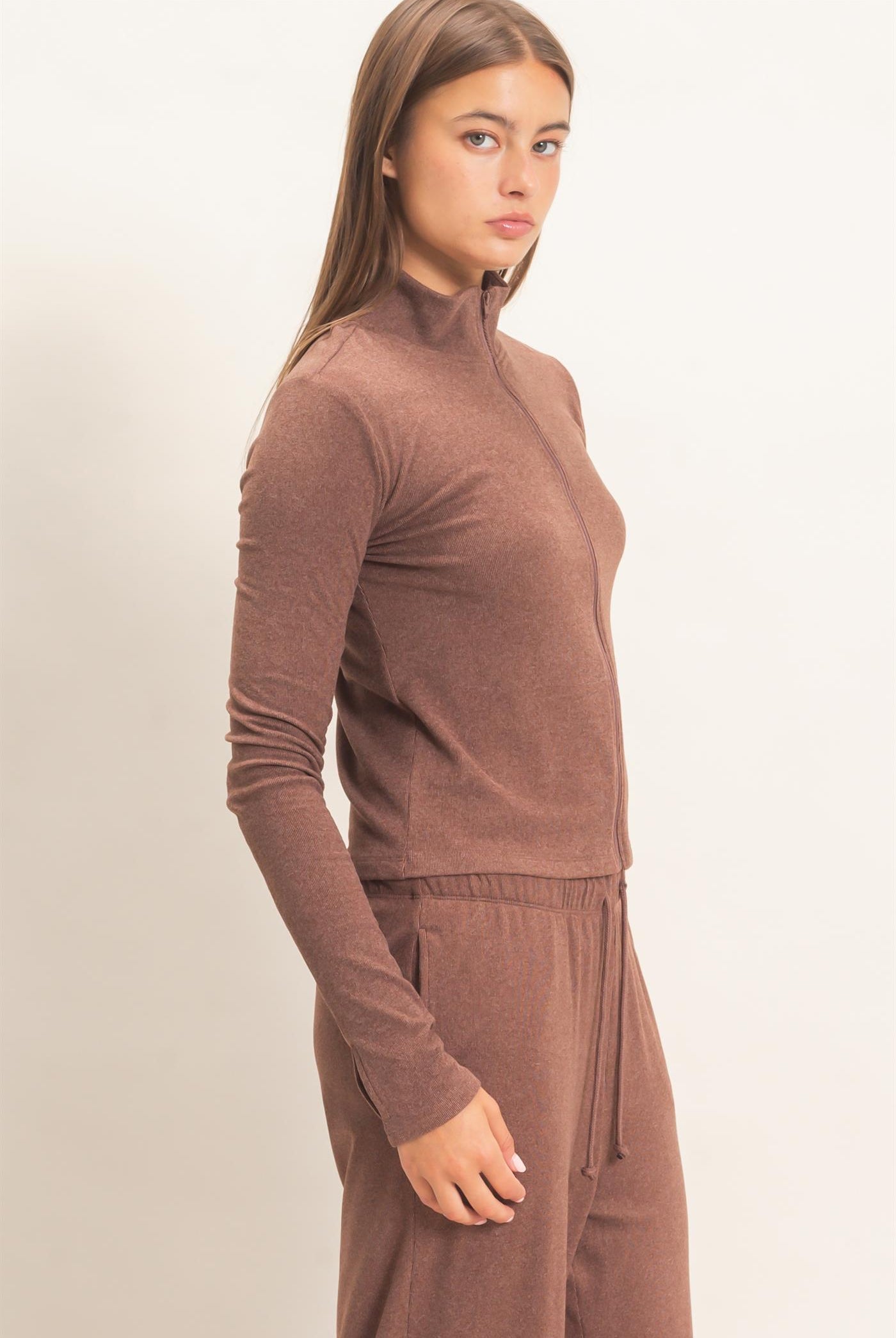 Wholesale Mock Neck Long Sleeve Zip Up Top Clothing Tops DZ26E911 DARK BROWN DOUBLE ZERO