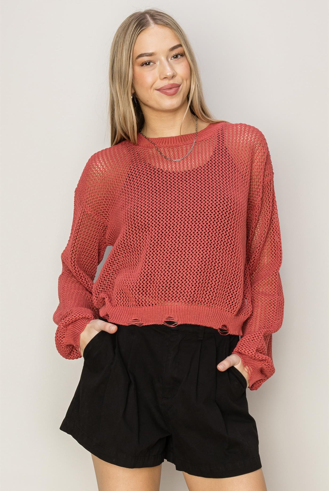 Wholesale Distressed Knit Sweater Clothing Tops DZ24C038 BRICK DOUBLE ZERO