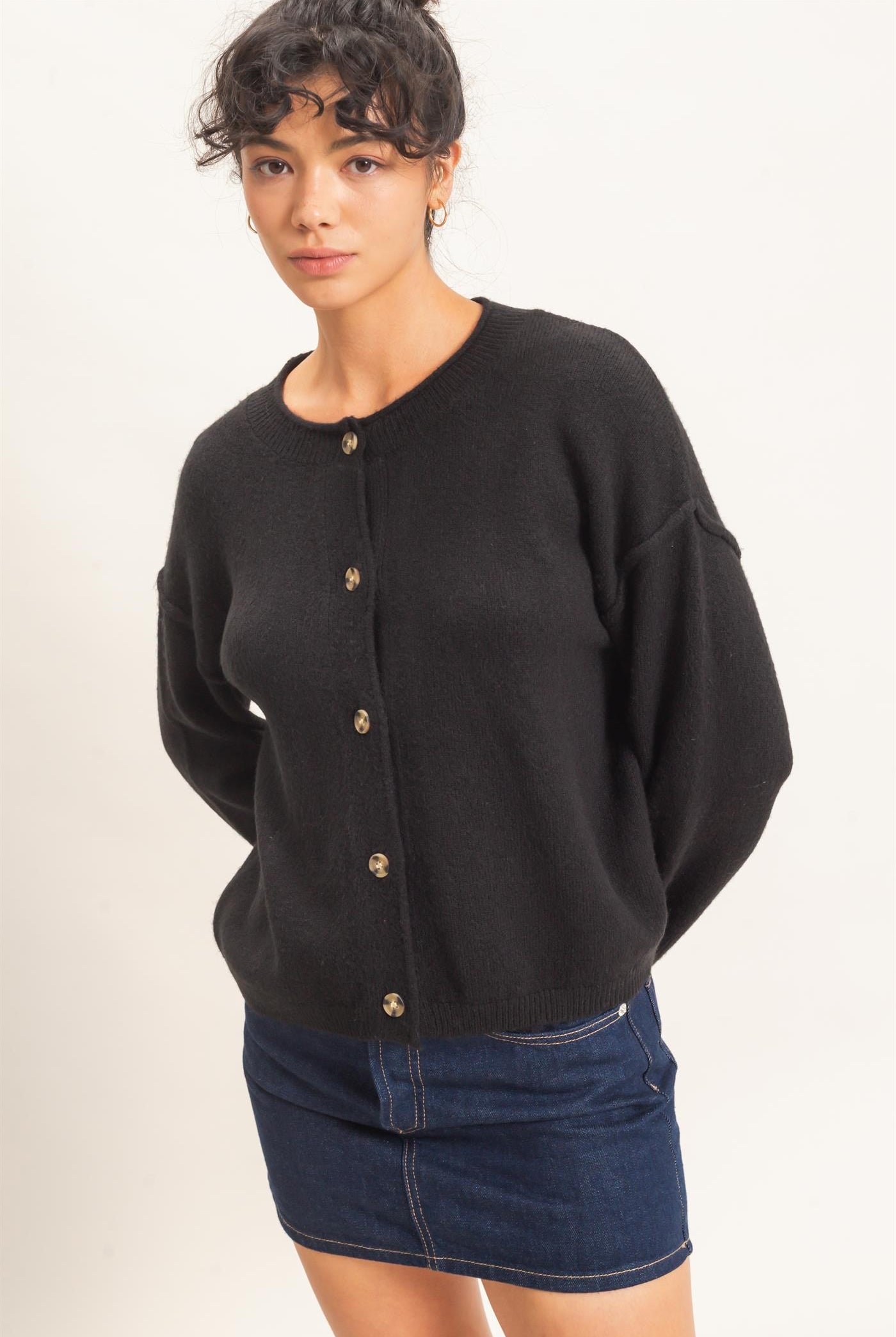 Wholesale Crew Neck Loose Fit Cardigan Cardigans DZ26E269 BLACK DOUBLE ZERO
