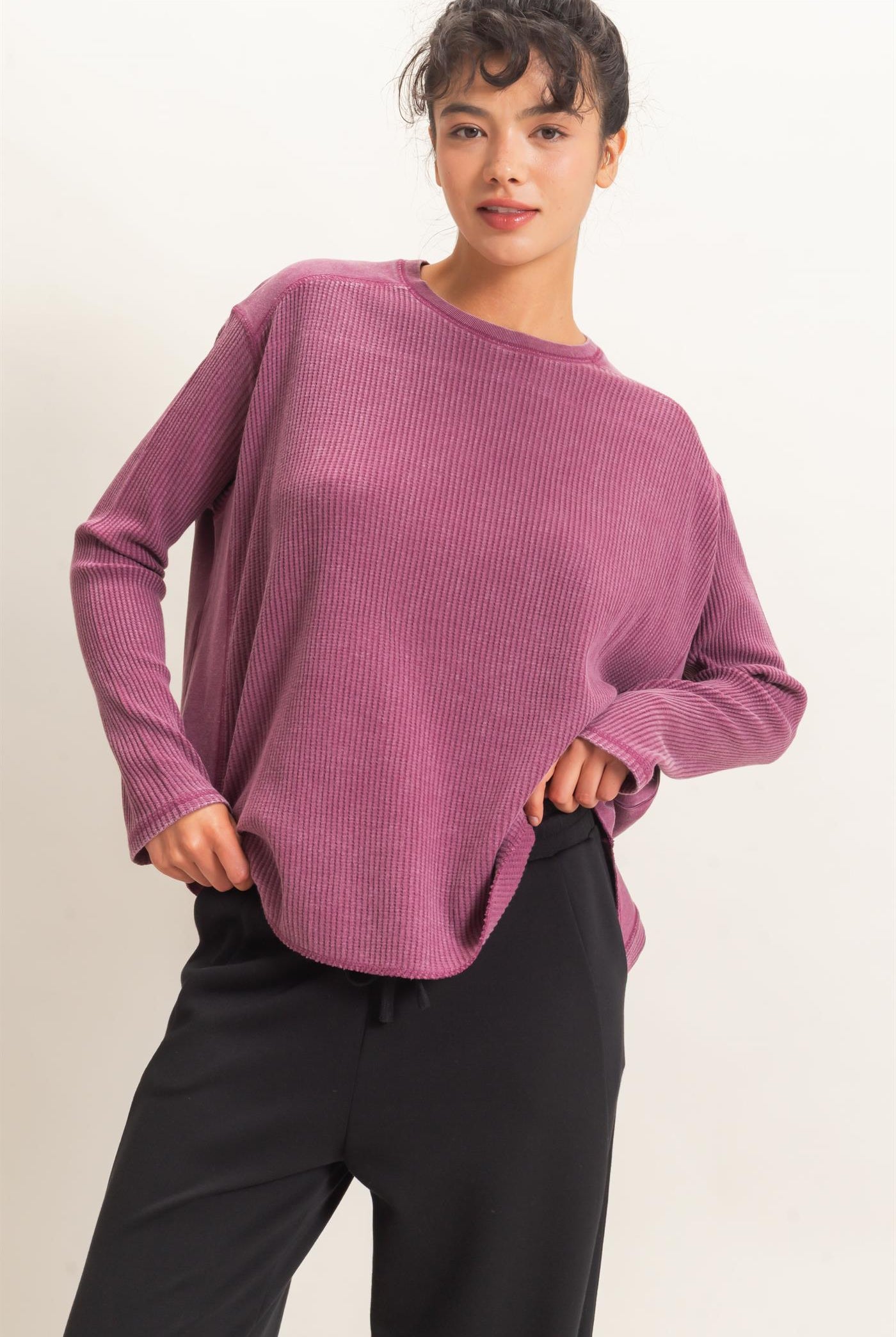 Wholesale Oversized Mineral Washed Waffle Knit Top Clothing Tops DZ26E654 DARK CHERRY DOUBLE ZERO