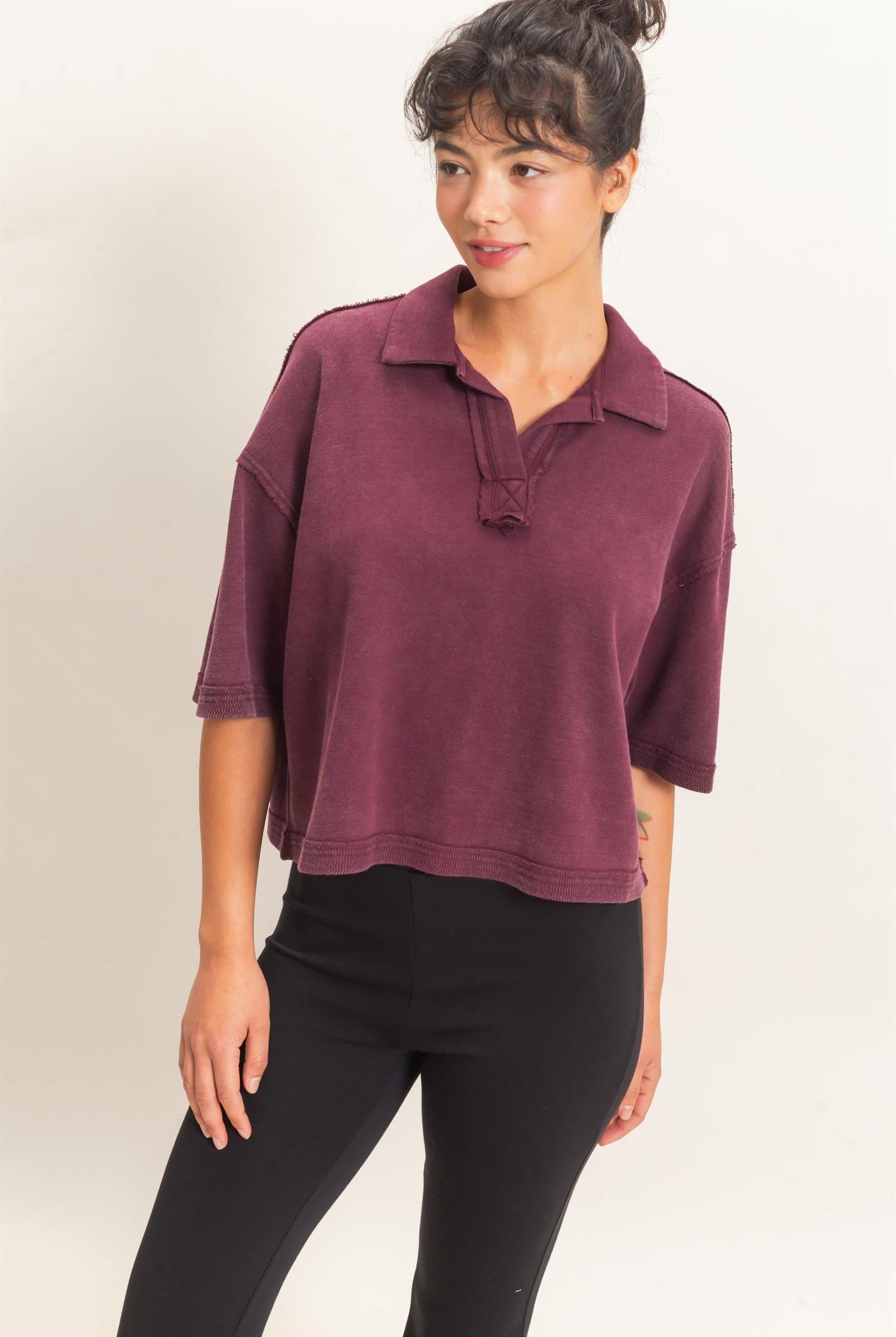 Wholesale Mineral Wash Oversized Collar Short Sleeve Top Clothing Tops DZ26E813 DARK CHERRY DOUBLE ZERO