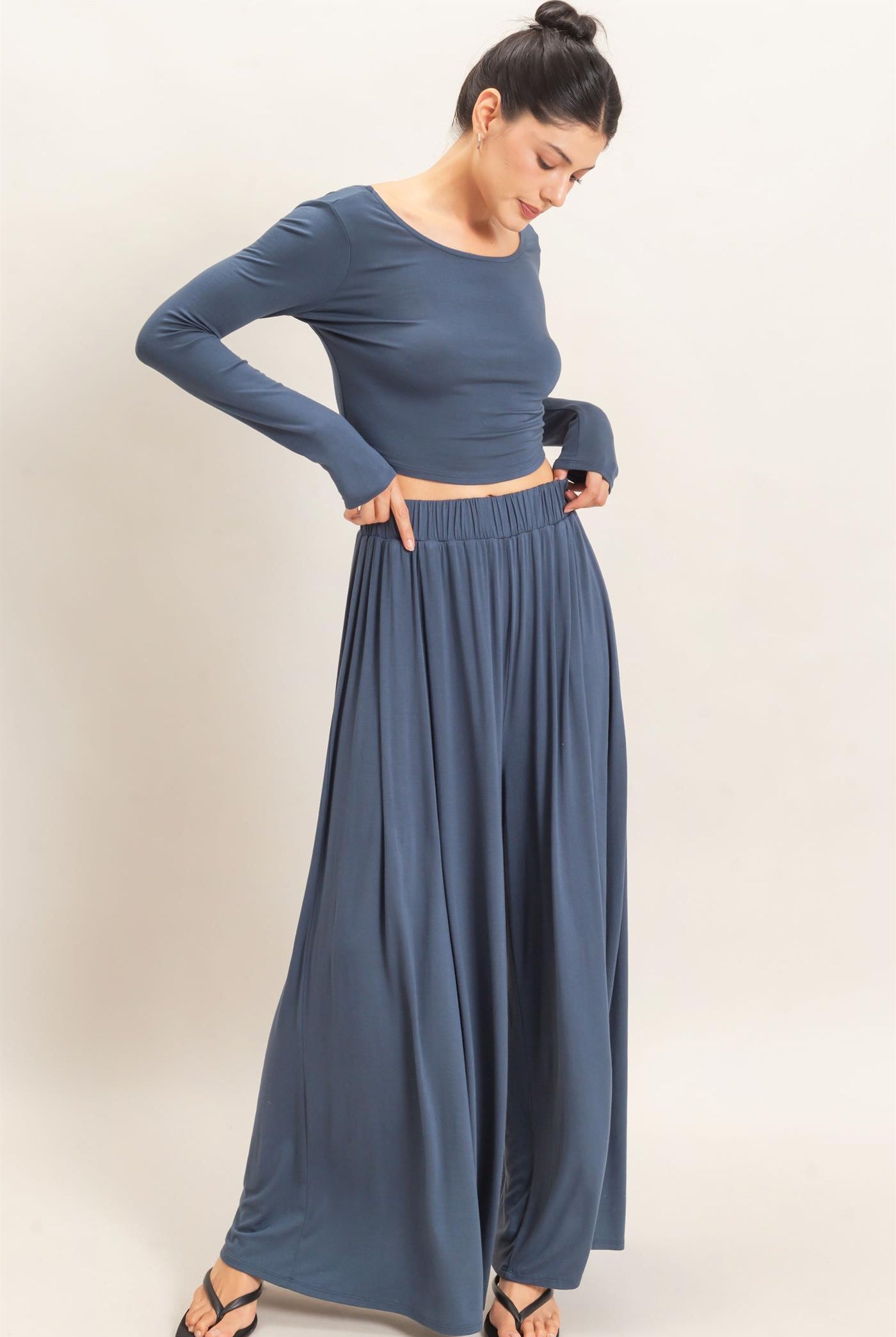 Wholesale Long Sleeve Top & Wide Leg Pants Set Clothing HF26F227-SET-D MIDNIGHT BLUE HYFVE