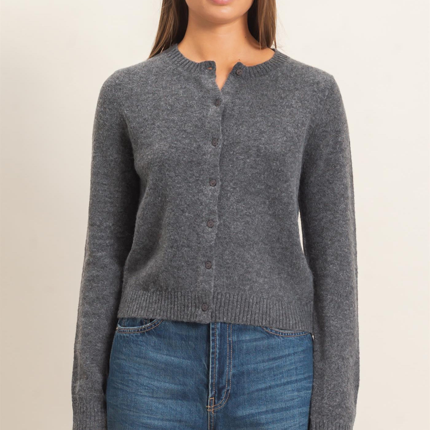 Wholesale Crew Neck Cardigan Cardigans DZ26E119 CHARCOAL DOUBLE ZERO