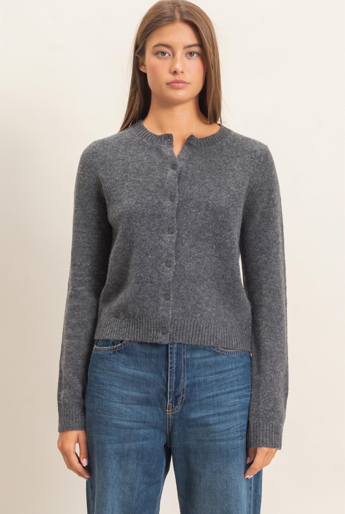 Wholesale Crew Neck Cardigan Cardigans DZ26E119 CHARCOAL DOUBLE ZERO