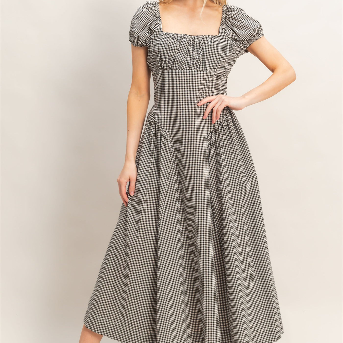 Wholesale Gingham Puff Sleeve Dress Dresses HF26A321 BLACK HYFVE