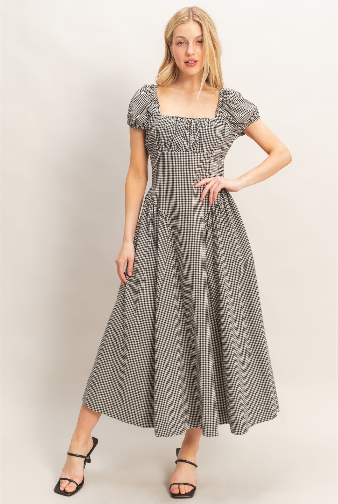 Wholesale Gingham Puff Sleeve Dress Dresses HF26A321 BLACK HYFVE