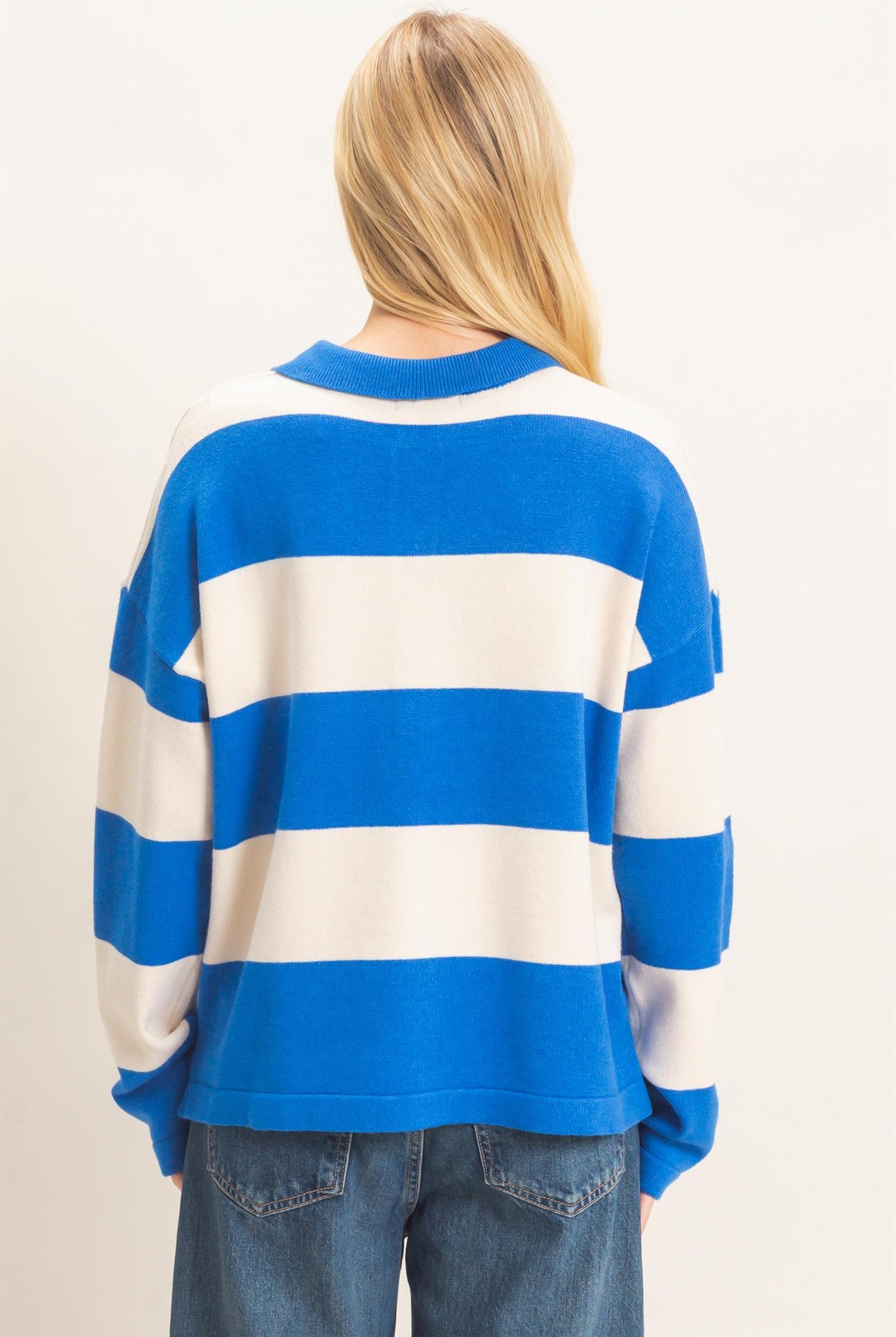 Wholesale Striped Button-Up Sweater Sweaters HF26F198 BLUE HYFVE