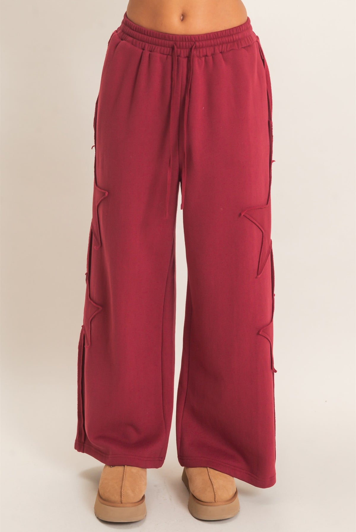 Wholesale French Terry Star Patch Sweatpants Pants DZ27A197 BURGUNDY DOUBLE ZERO
