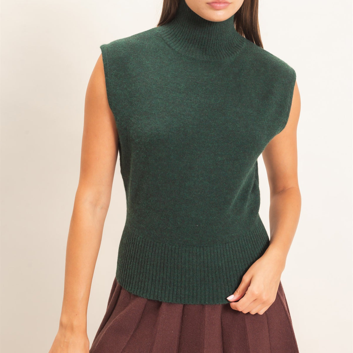Wholesale Sleeveless High Neck Knit Top Clothing Tops DZ26E946 DEEP GREEN DOUBLE ZERO