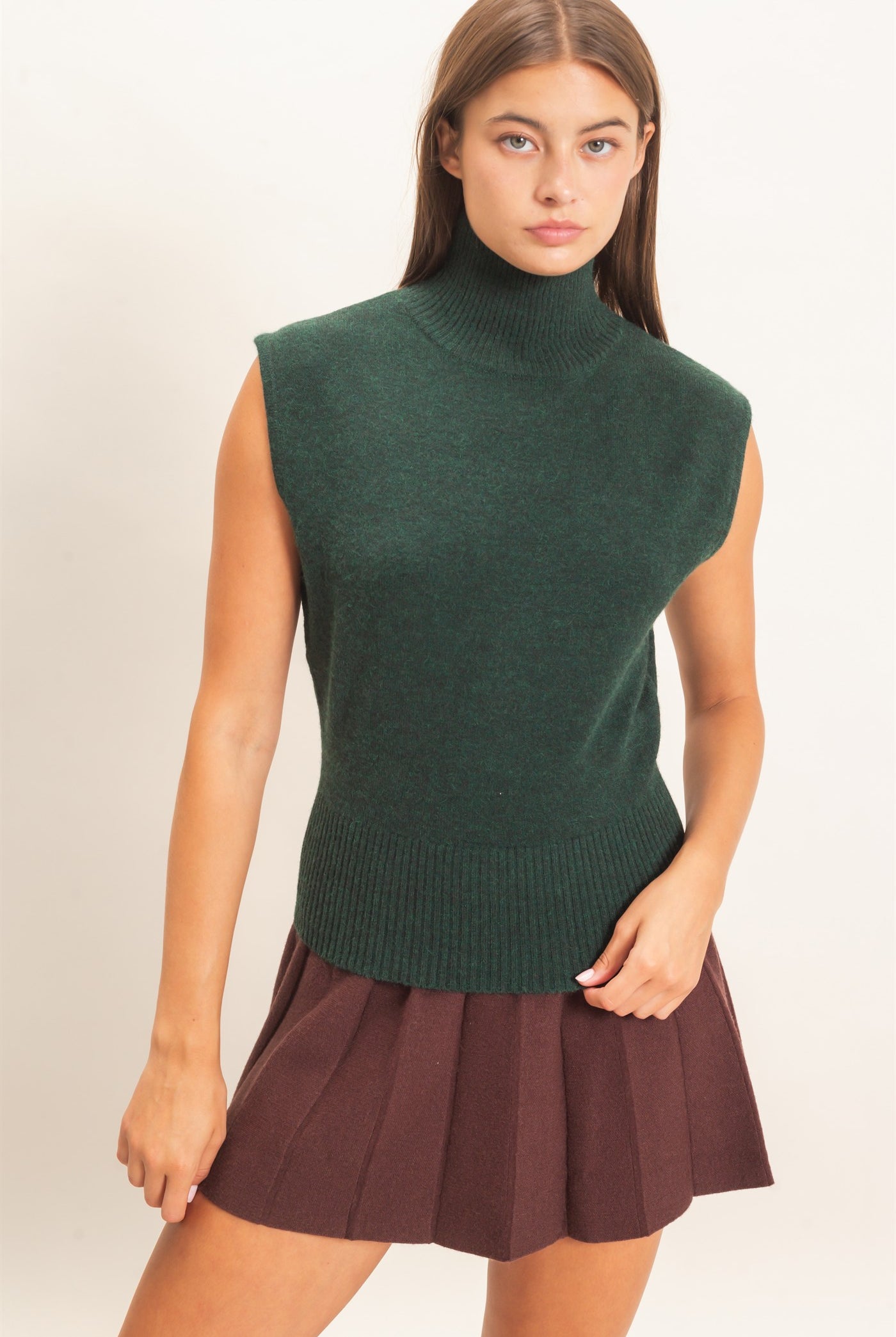 Wholesale Sleeveless High Neck Knit Top Clothing Tops DZ26E946 DEEP GREEN DOUBLE ZERO