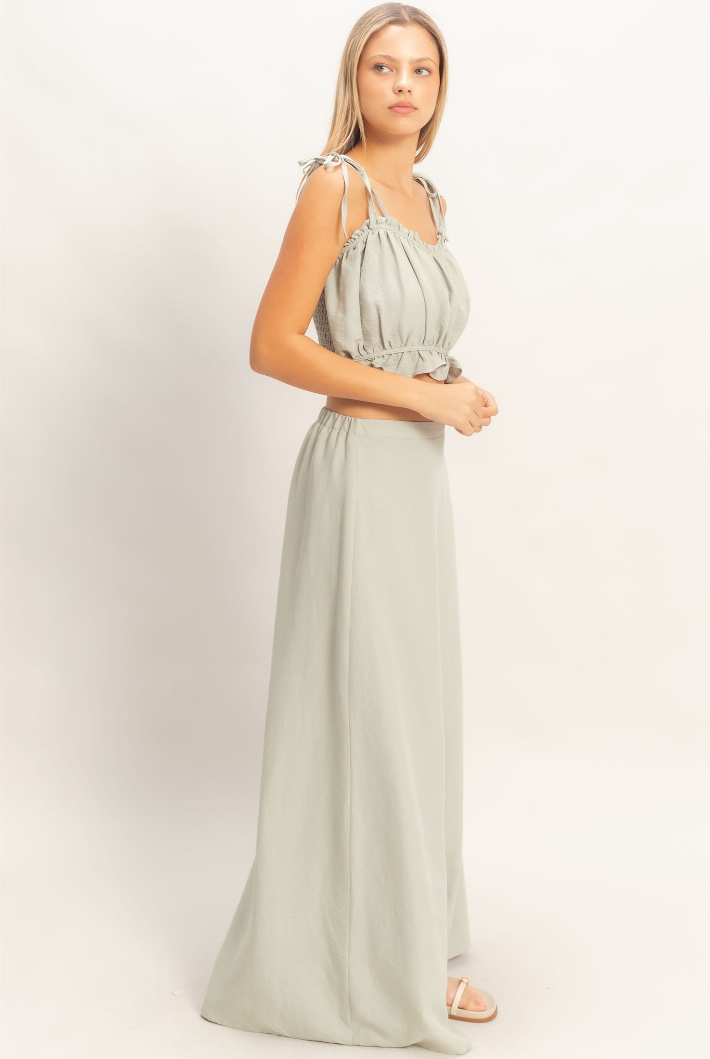 Wholesale Ruffle Smocked Bust Top & Wide Pants Clothing HF26A502-SET-D SAGE HYFVE