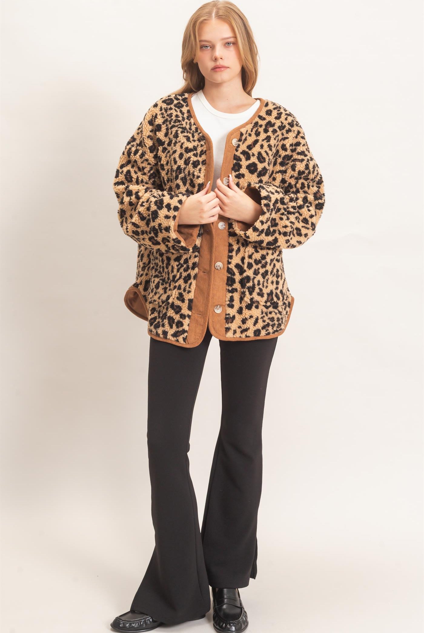 Wholesale Leopard Faux Fur Jacket With Contrast Trim Coats & Jackets HF26F162 TAUPE COMBO HYFVE