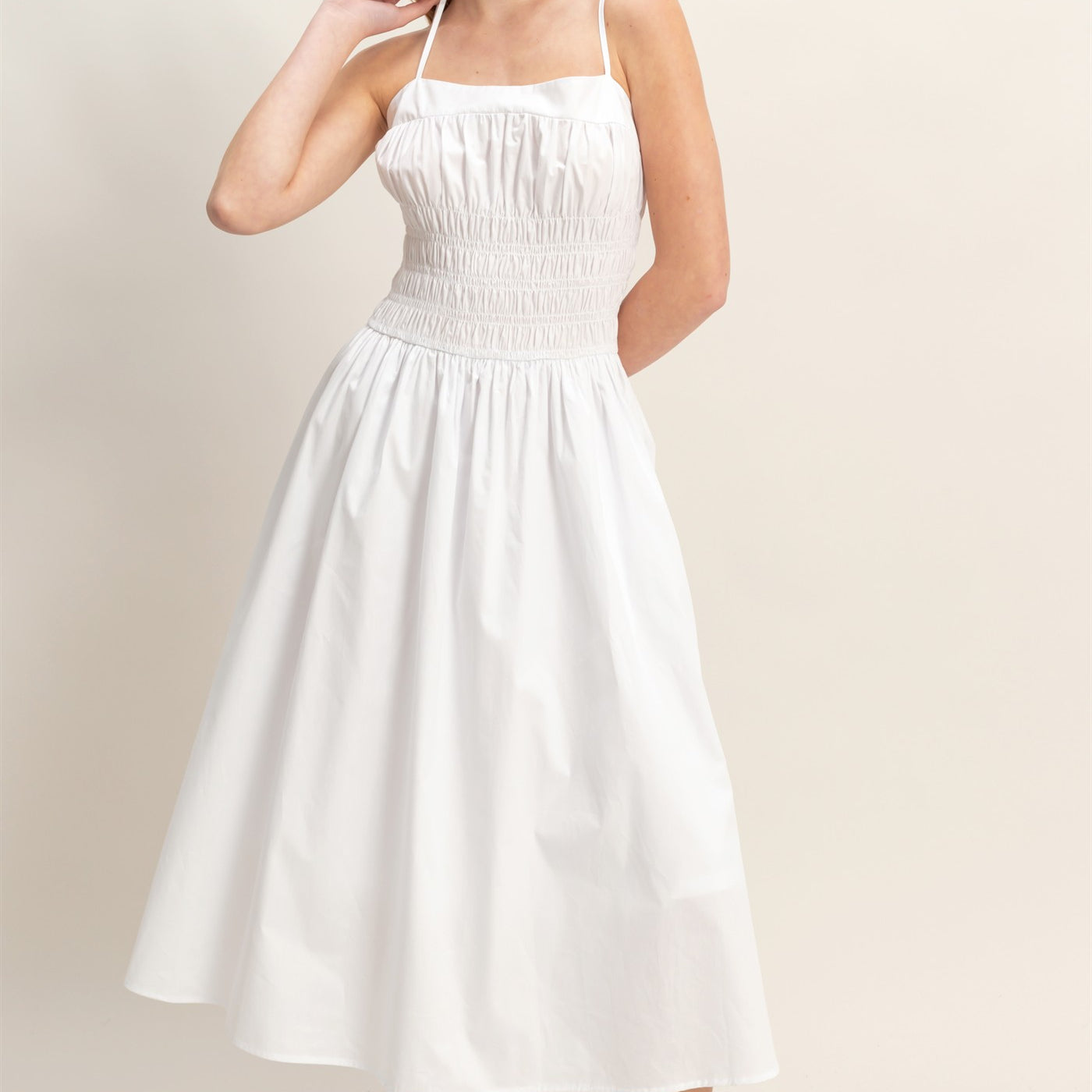 Wholesale Smocked Strapped Midi Dress Dresses HF26A624 WHITE HYFVE
