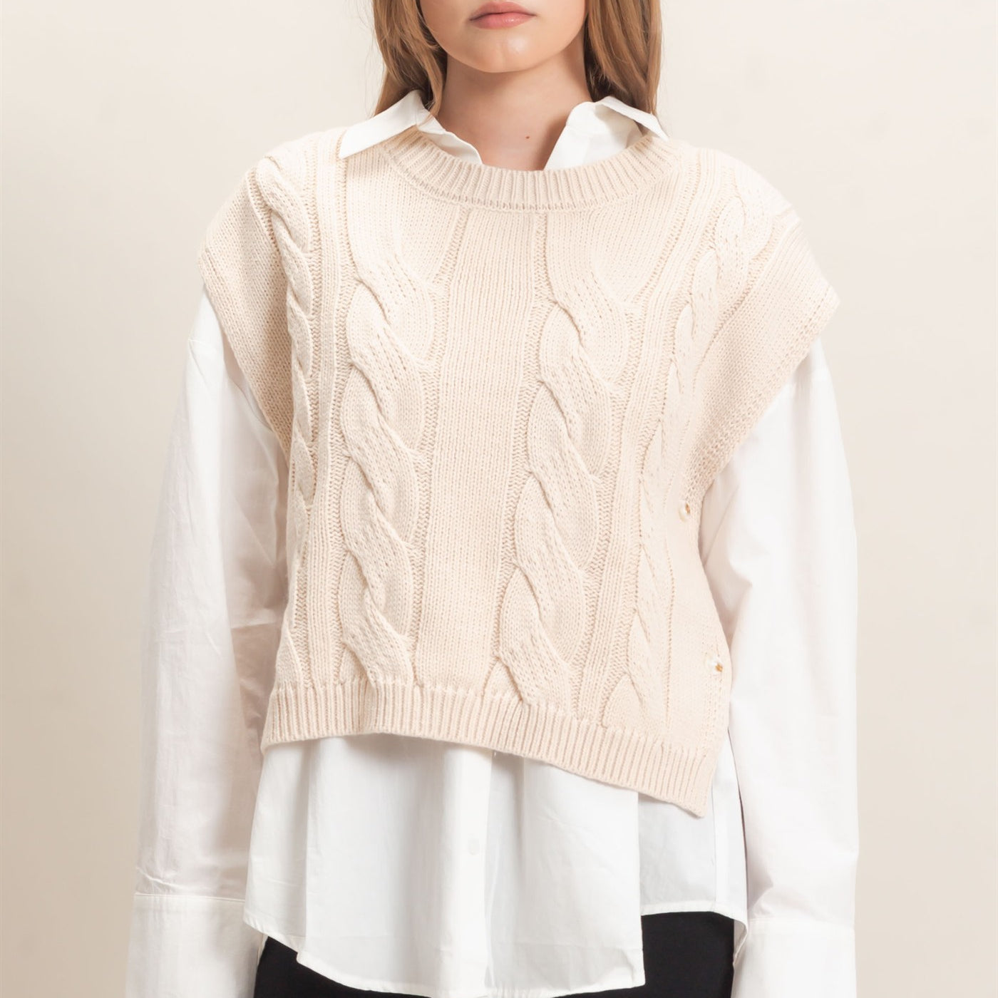 Wholesale Cable Knit Vest With Side Buttons Sweaters HF26F193 CREAM HYFVE