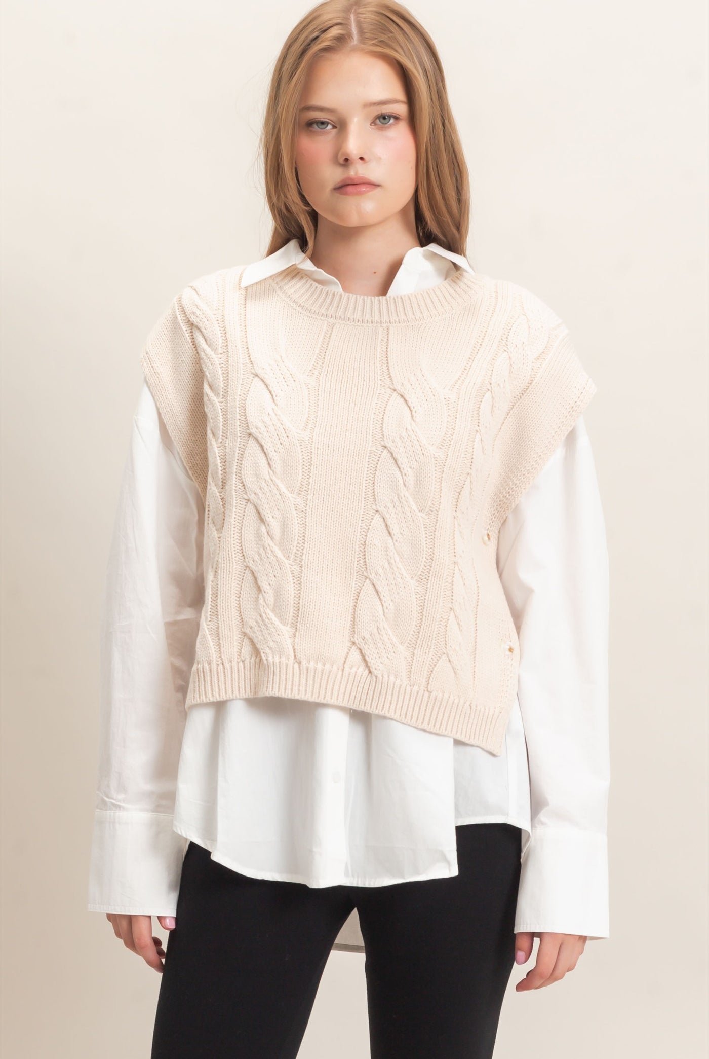 Wholesale Cable Knit Vest With Side Buttons Sweaters HF26F193 CREAM HYFVE