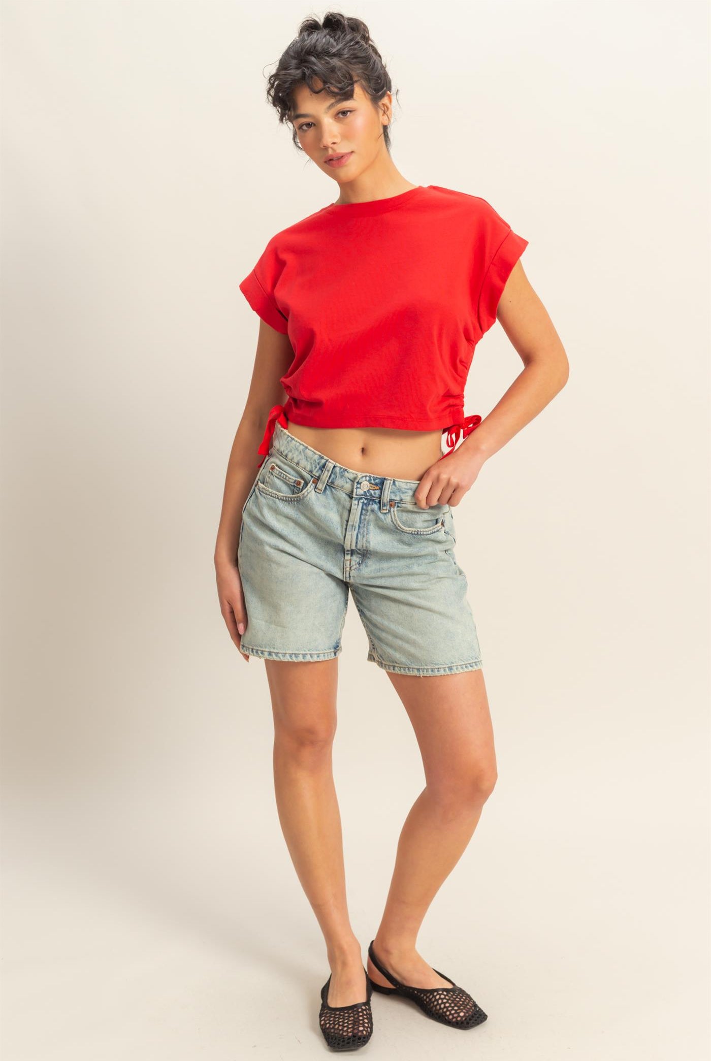 Wholesale Short Sleeve Side Tie Detail Top Clothing Tops DZ25C113 RED DOUBLE ZERO
