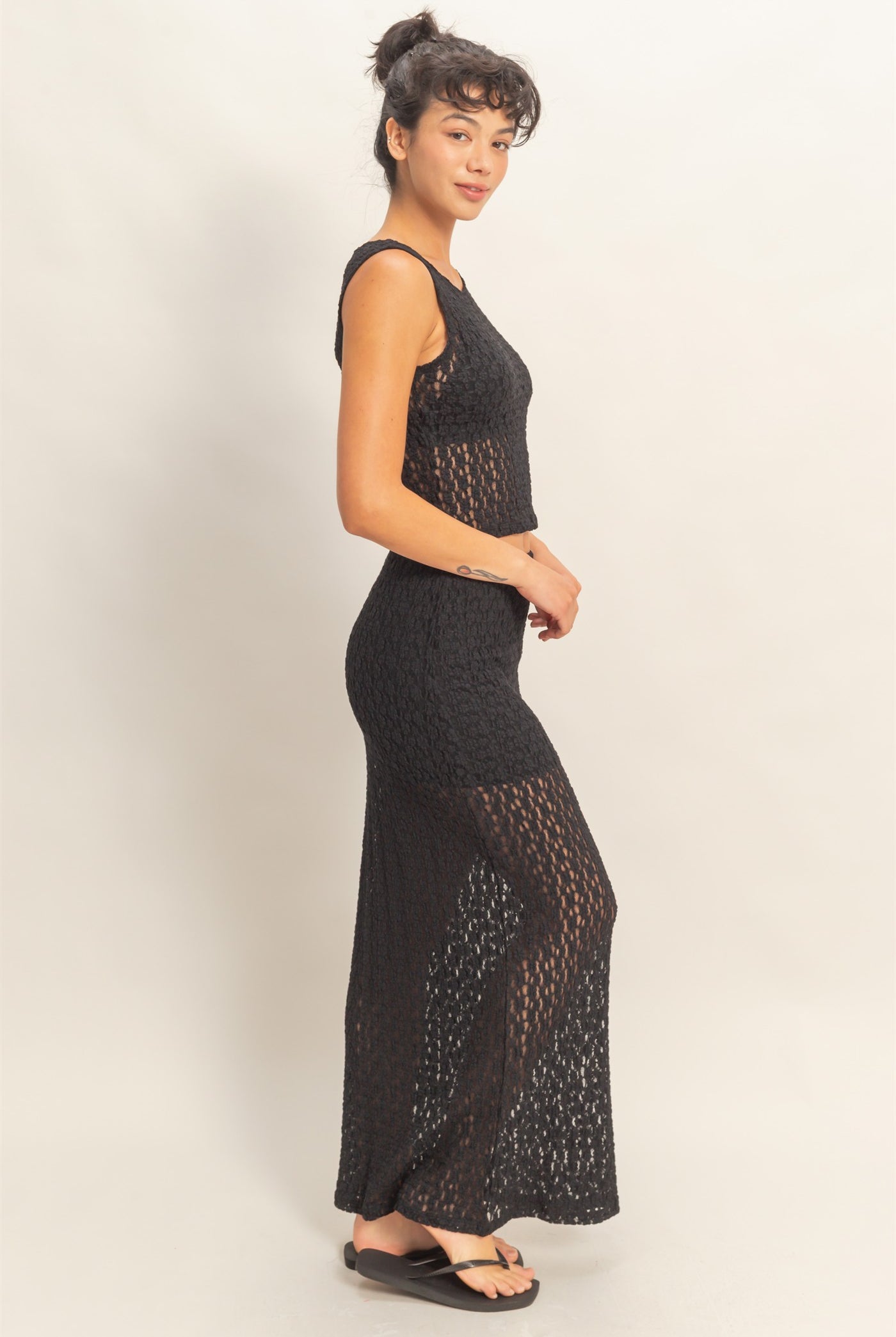 Wholesale Round Neck Lace Top & Lace Maxi Skirt Set Clothing DZ26C670-SET BLACK DOUBLE ZERO