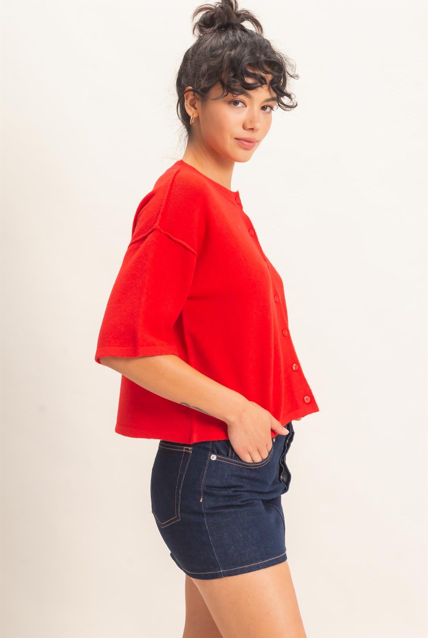 Wholesale Drop Shoulder Short Sleeve Cardigan Cardigans DZ26E238 RED DOUBLE ZERO