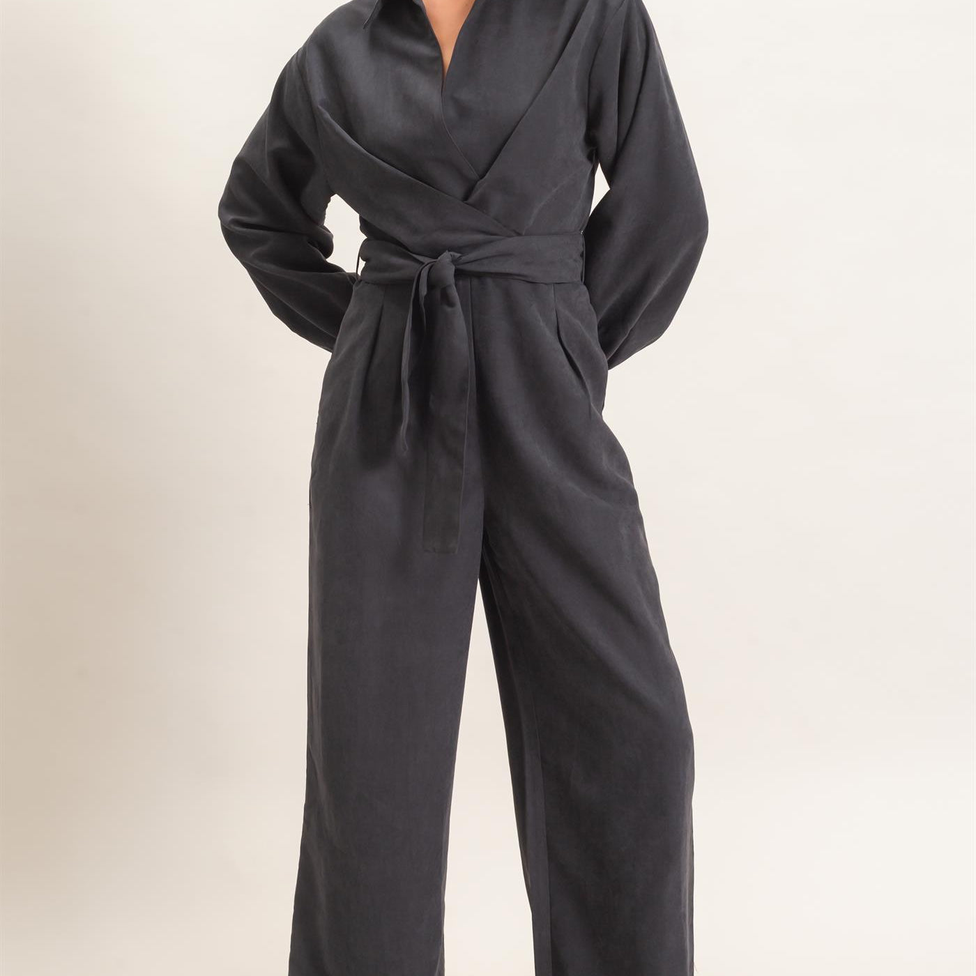 Wholesale Collared Wrap Suede Jumpsuit Clothing HF26C905 BLACK HYFVE