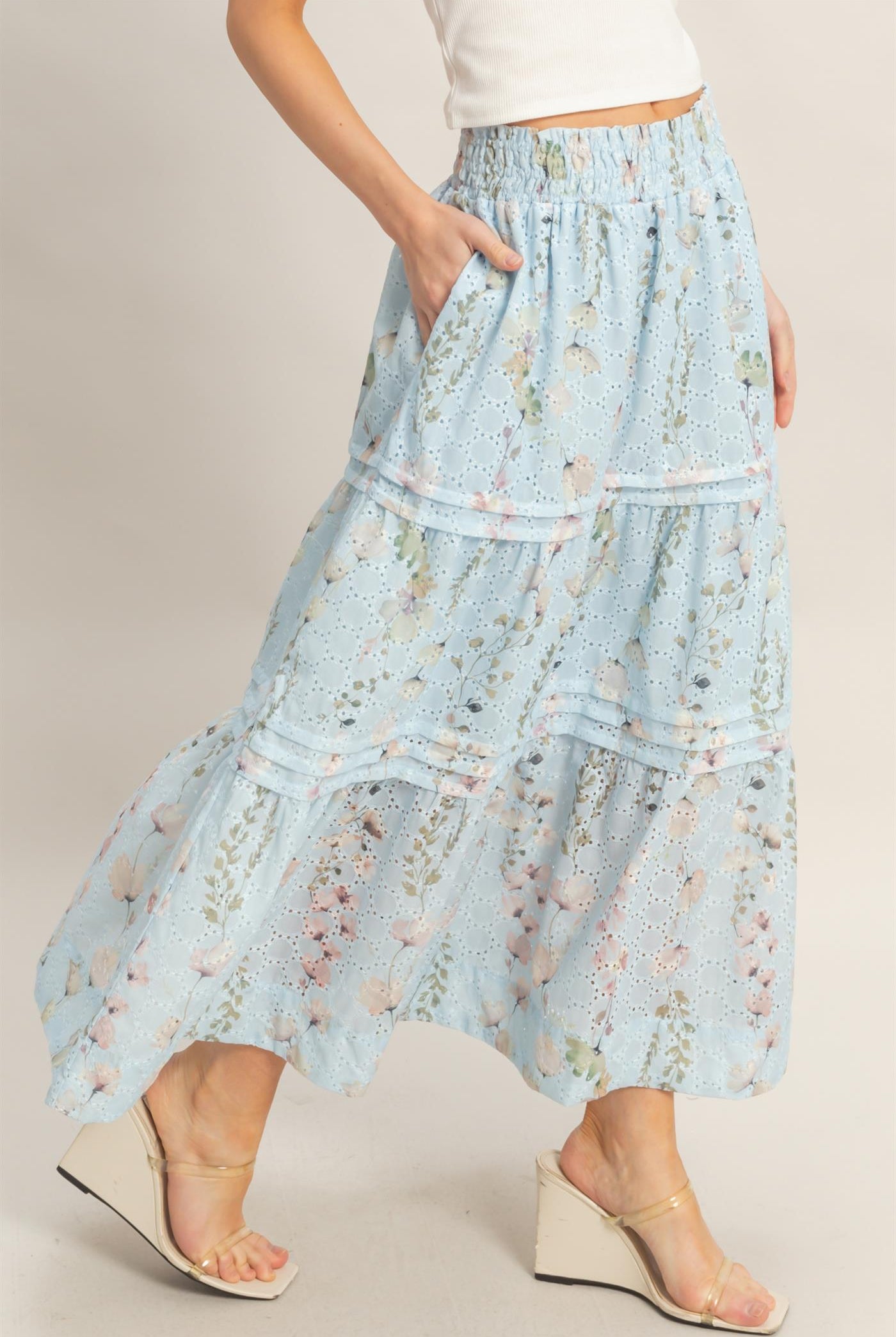 Wholesale Floral Smocked Waist Skirt Skirts HF26A361-D BLUE HYFVE