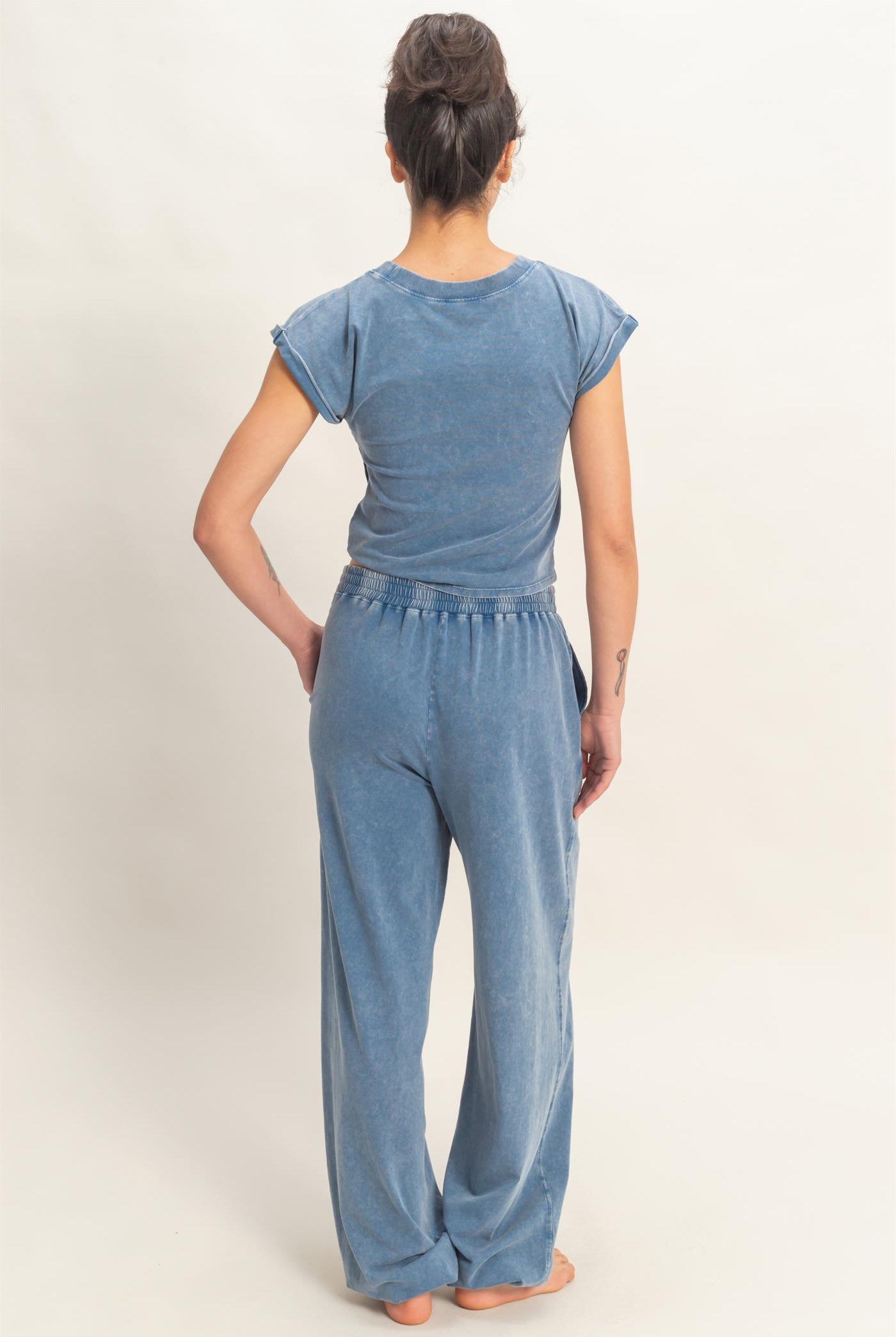 Wholesale Rolled Sleeve Wrap-Front Crop Top And Jogger Set Clothing DZ26A172-SET NAVY DOUBLE ZERO