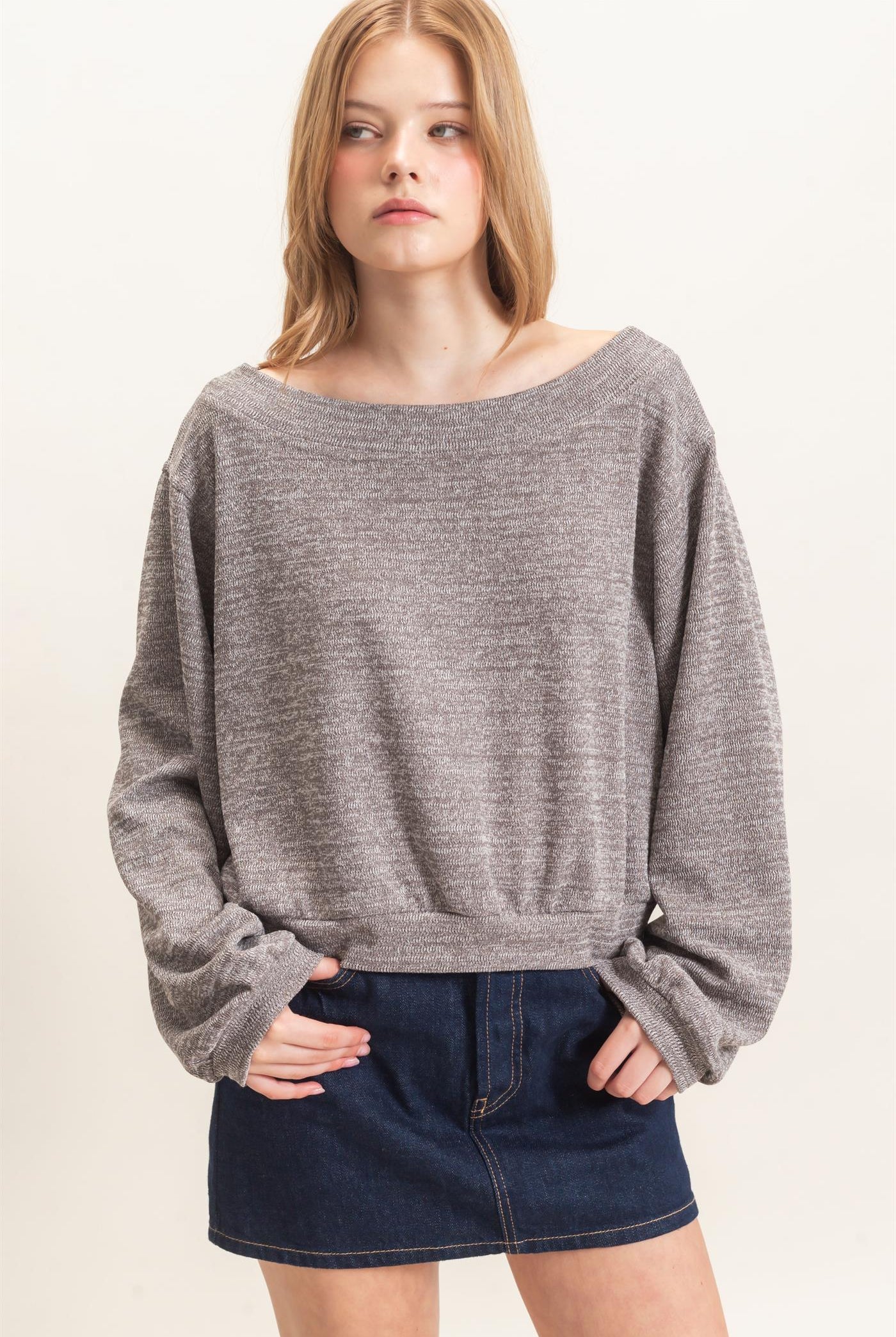 Wholesale Off Shoulder Knit Sweatshirt Blouses HF26F028 CHARCOAL HYFVE