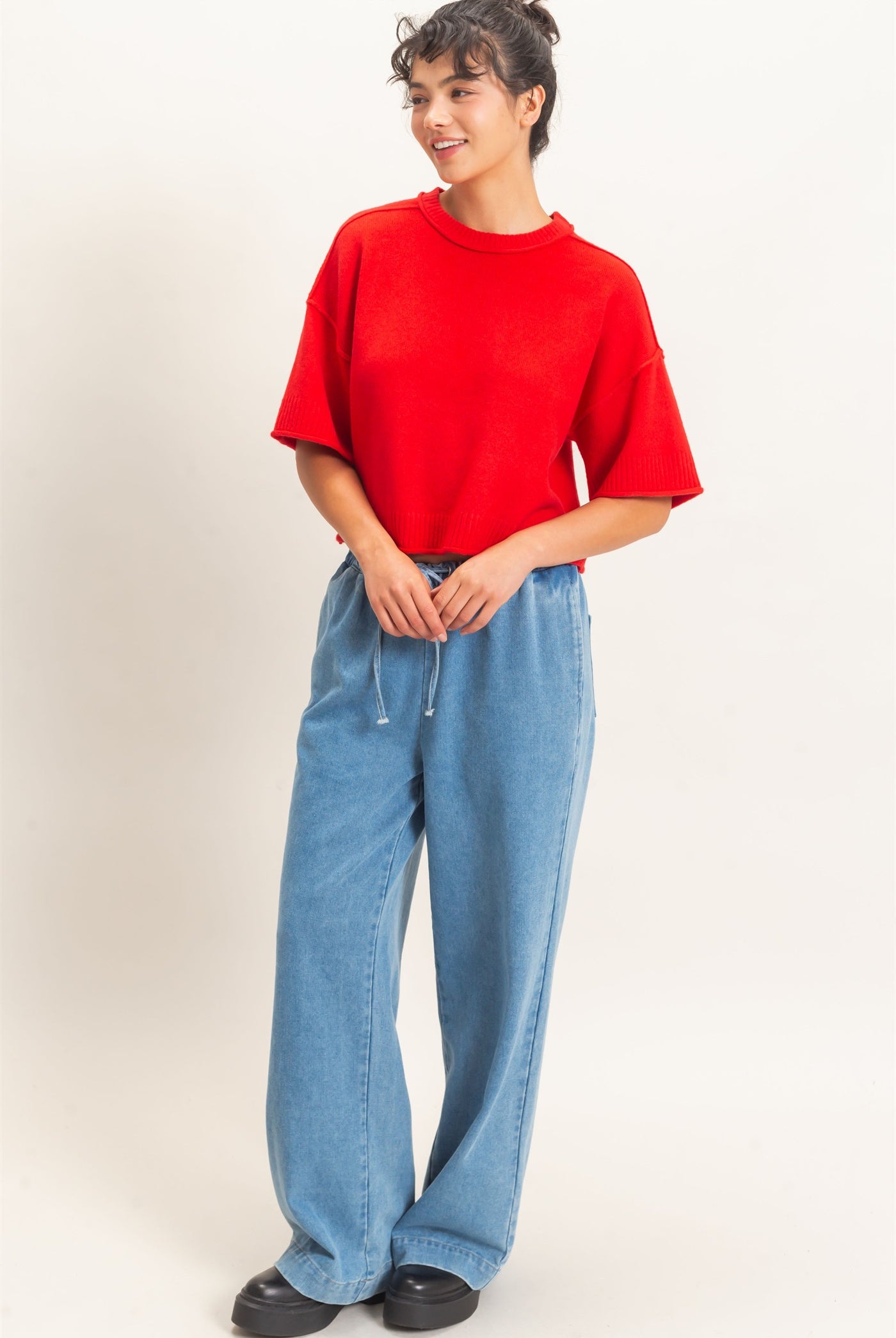 Wholesale Seam Detail Short Sleeve Knit Top Clothing Tops DZ26A827 RED DOUBLE ZERO