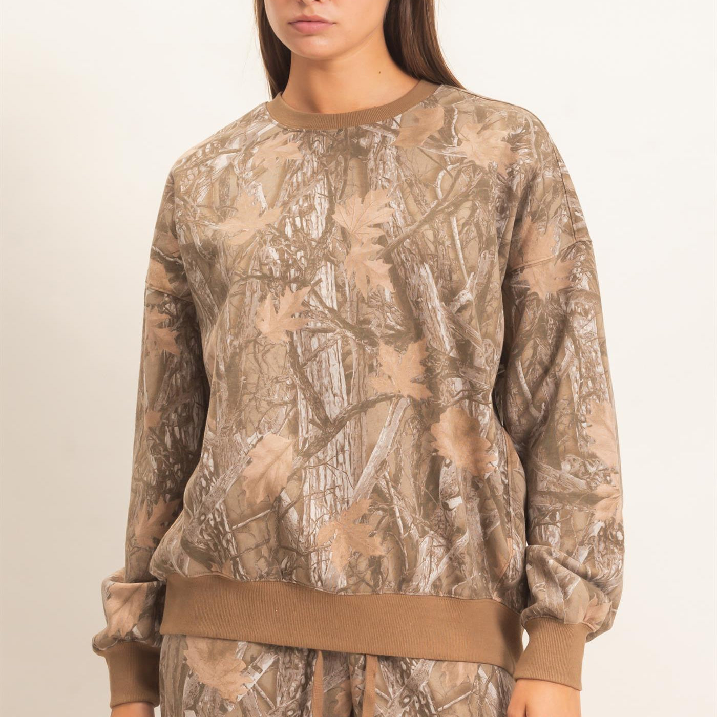Wholesale Tree Camouflage Crew Neck Sweatshirt Sweatshirts DZ26E789 BROWN DOUBLE ZERO