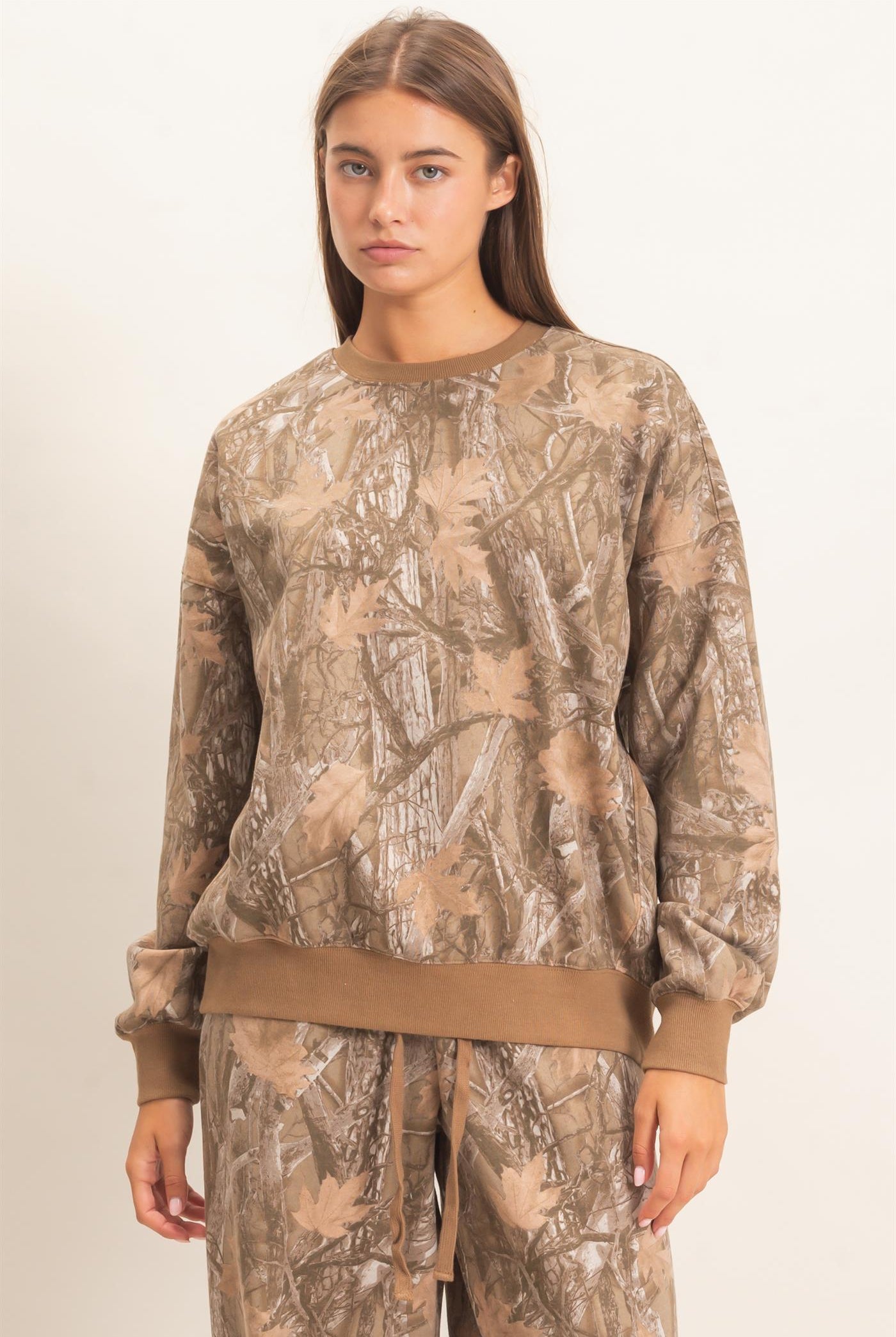 Wholesale Tree Camouflage Crew Neck Sweatshirt Sweatshirts DZ26E789 BROWN DOUBLE ZERO