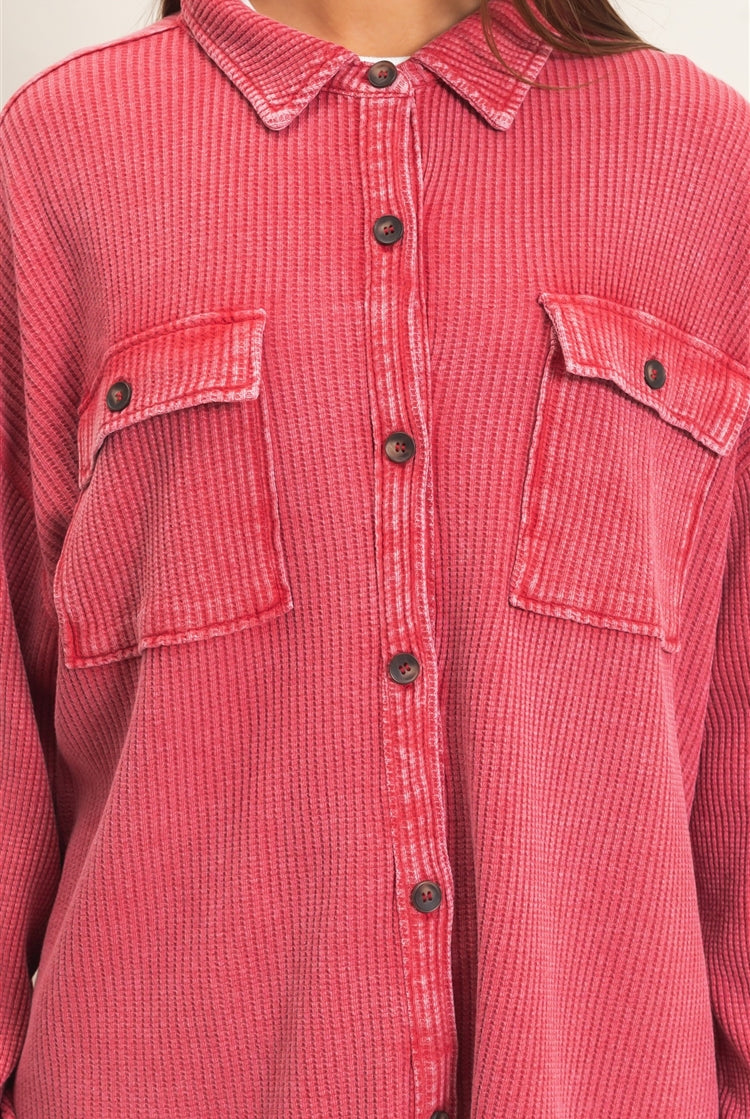 Wholesale Mineral Wash Waffle Knit Button-Up Shacket Coats & Jackets DZ26E249 DARK RED DOUBLE ZERO
