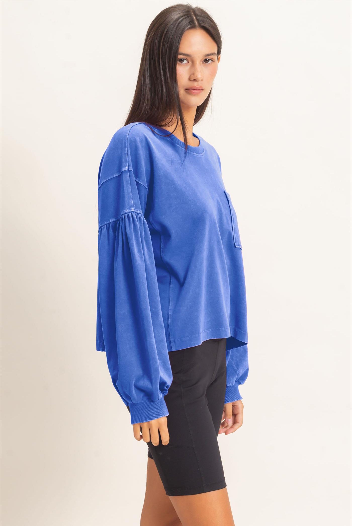 Wholesale Mineral Wash Puff Long Sleeve Boxy Top Clothing Tops DZ26F402 COBALT DOUBLE ZERO