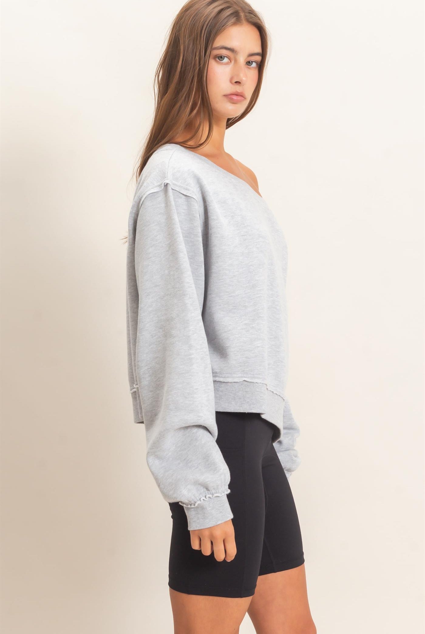 Wholesale Raw Edge Acid Wash Off The Shoulder Sweatshirt Sweatshirts DZ26F013 HEATHER GRAY DOUBLE ZERO