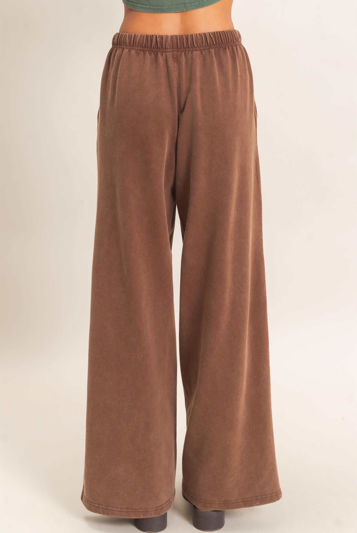 Wholesale Acid Wash Drawstring Waist Wide Leg Pants Pants DZ25A685 DARK BROWN DOUBLE ZERO