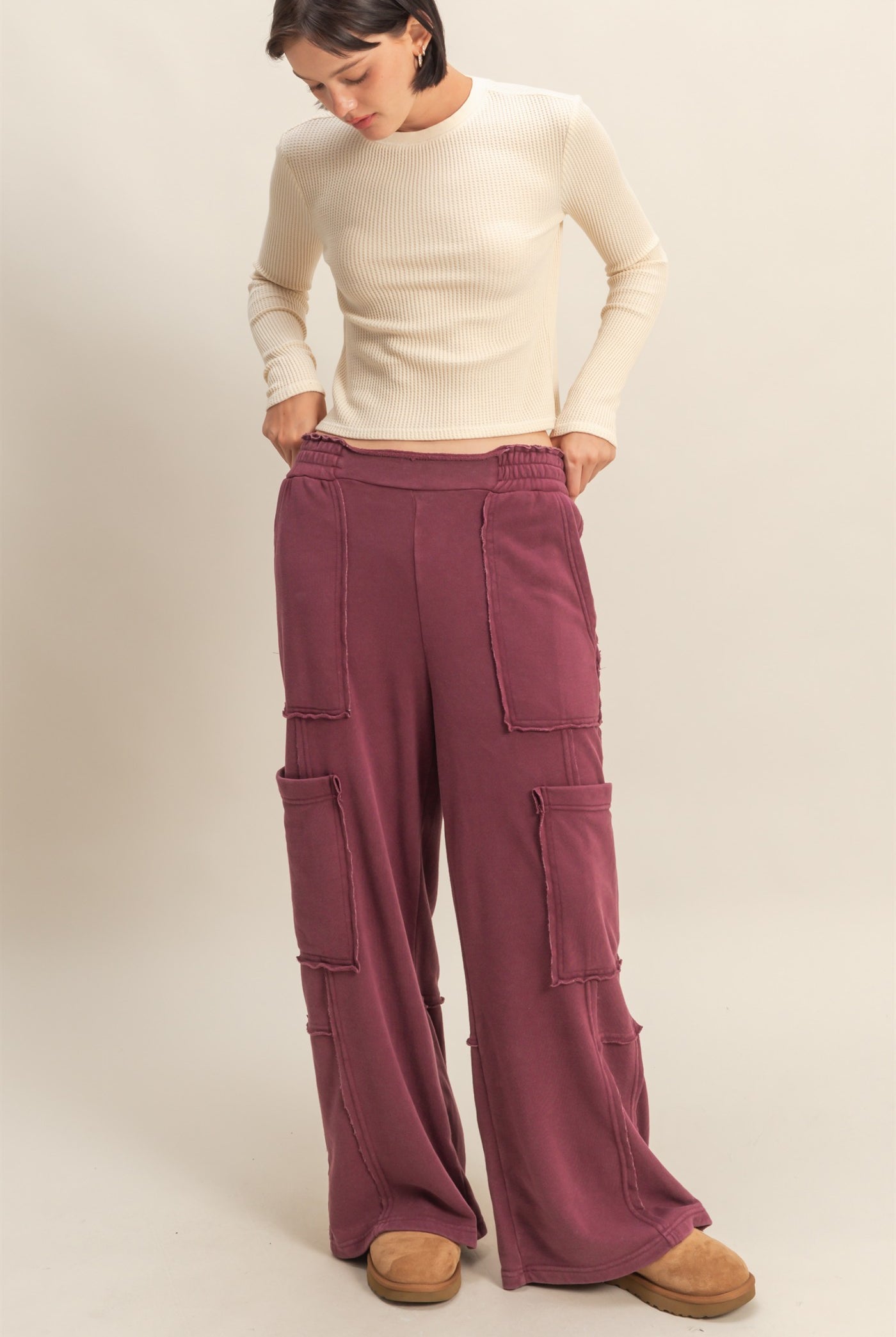 Wholesale Mineral Wash Oversized Utility Sweatpants Sweatpants DZ25C903 DARK CHERRY DOUBLE ZERO