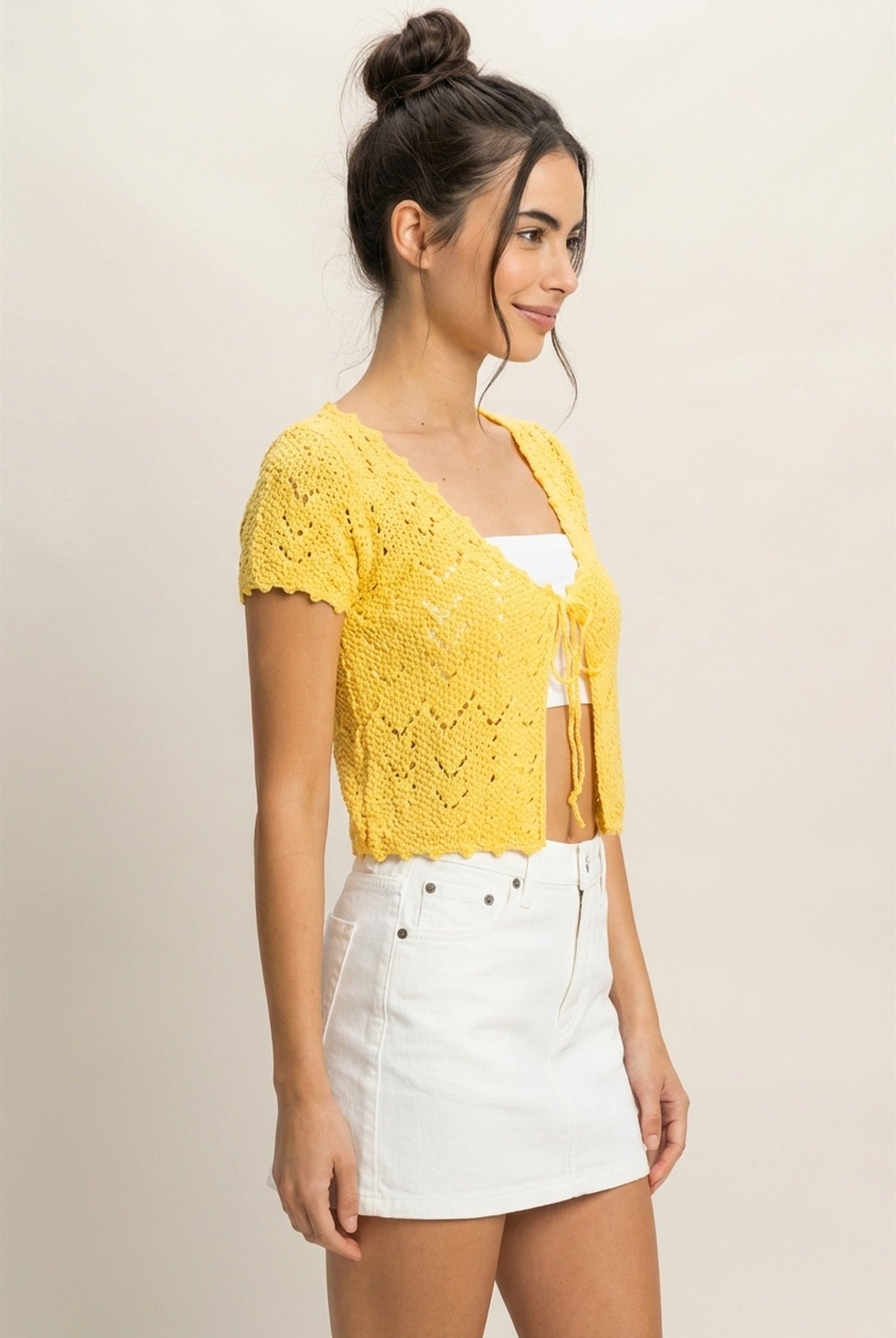 Wholesale Pointelle Tie Front Knit Cardigan Clothing Tops DZ24C268 PINEAPPLE DOUBLE ZERO