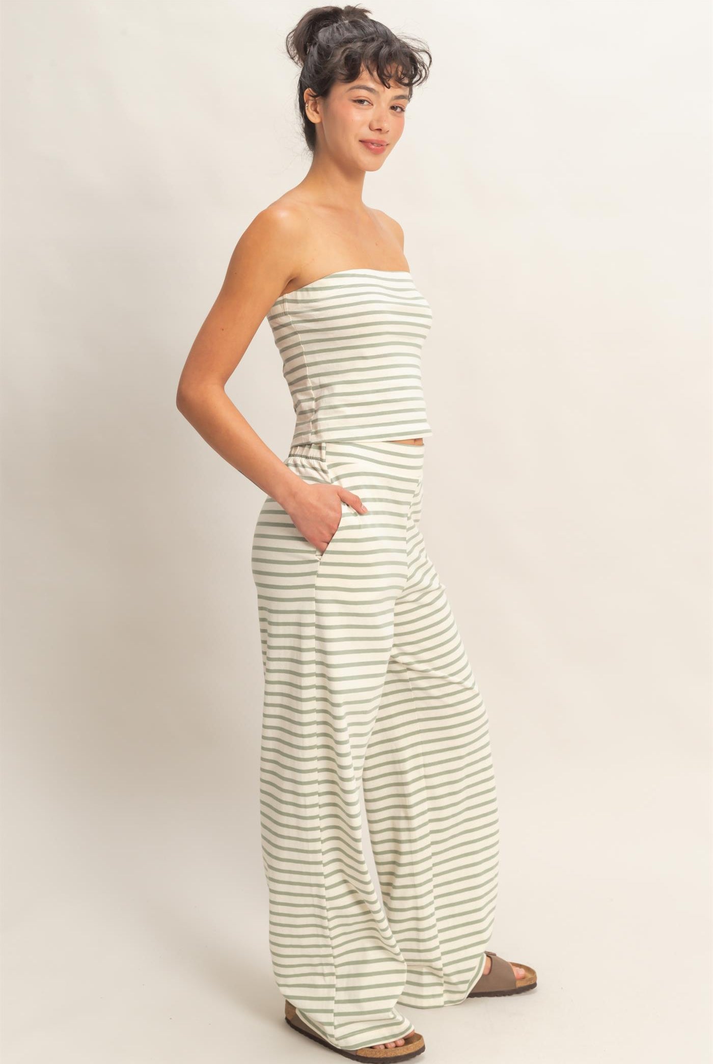 Wholesale Striped Jersey Tube Top And Pants Set Clothing DZ26C621-SET SAGE GREEN DOUBLE ZERO