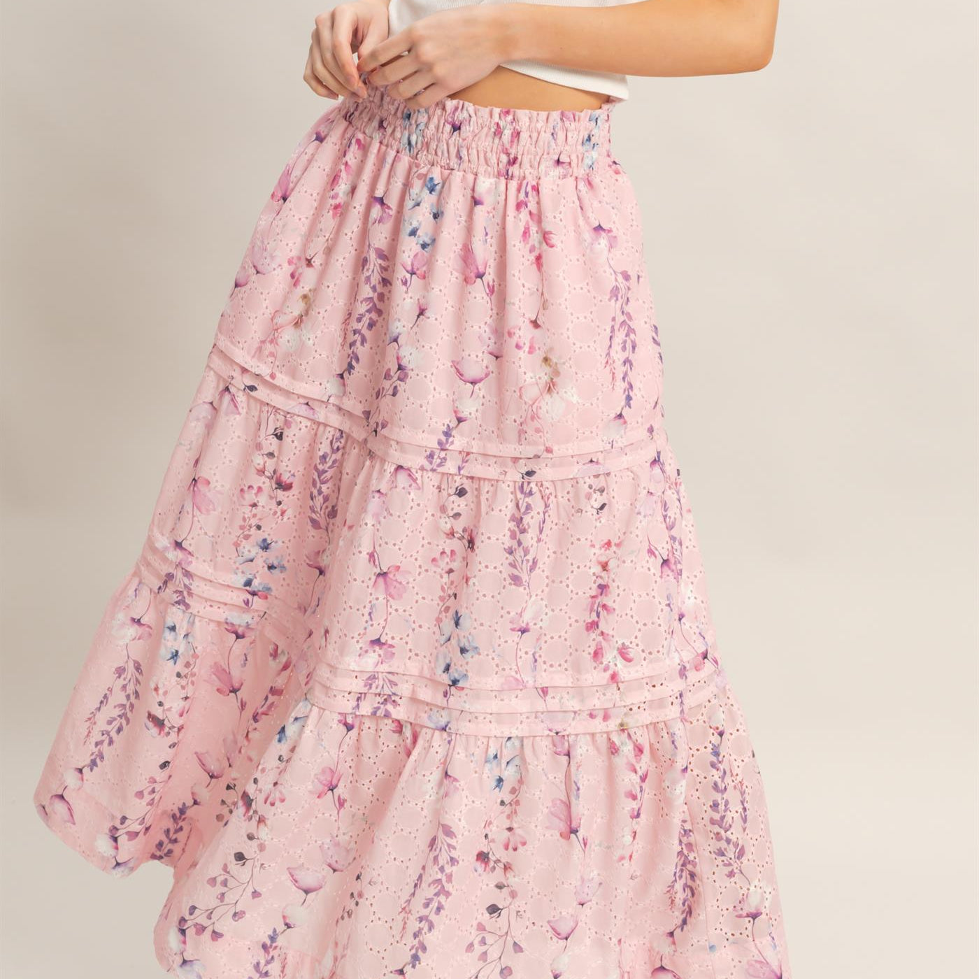 Wholesale Floral Smocked Waist Skirt Skirts HF26A361-D PINK HYFVE