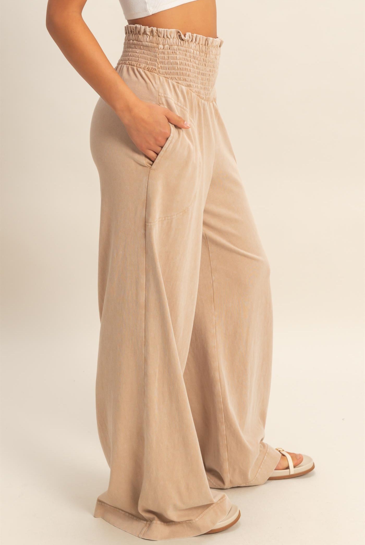 Wholesale Mineral Washed Wide-Leg Smocked Waist Pants Pants DZ26A249 DARK TAUPE DOUBLE ZERO