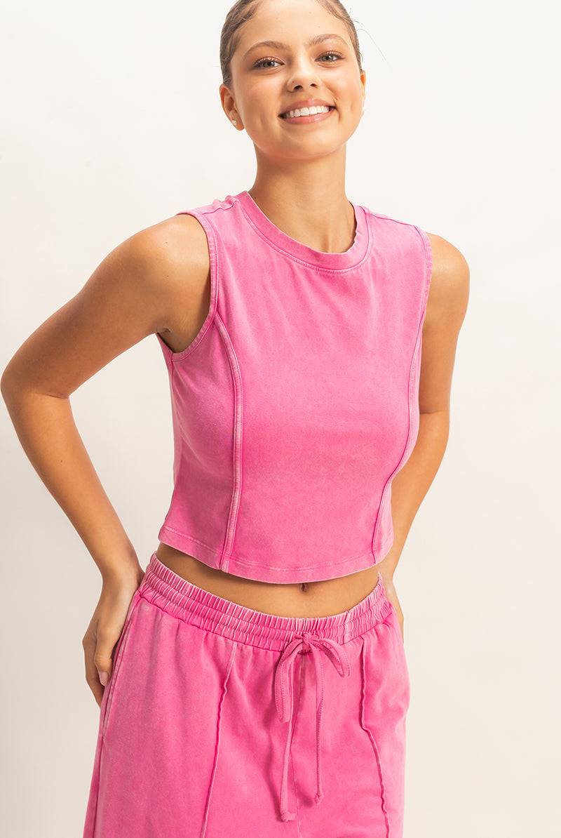 Wholesale Mineral Washed Sleeveless Top & Wide Leg Pants Set Clothing DZ26A371-SET FUCHSIA DOUBLE ZERO