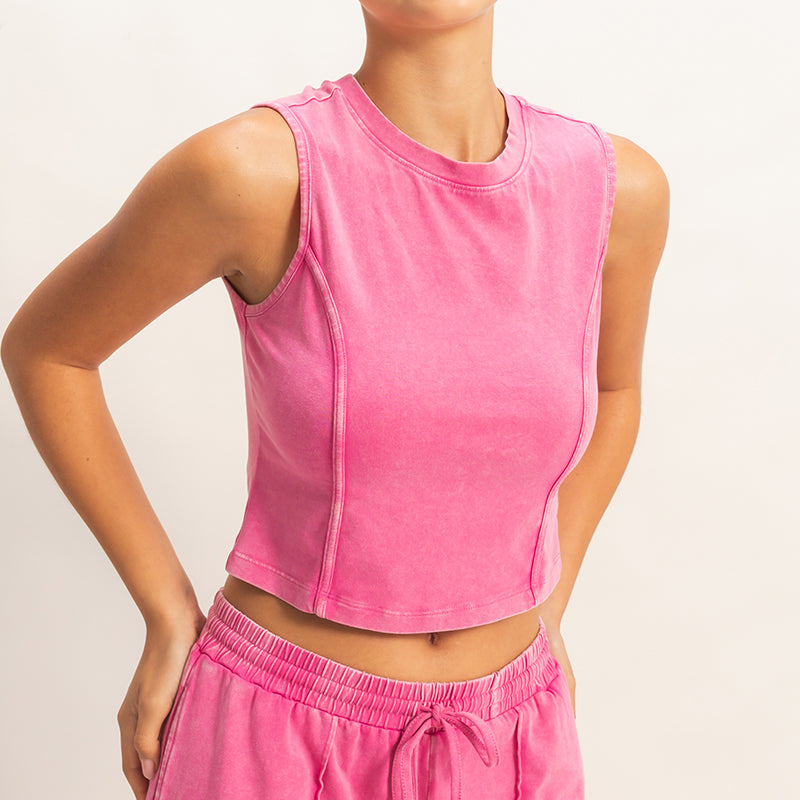 Wholesale Mineral Washed Sleeveless Top & Wide Leg Pants Set Clothing DZ26A371-SET FUCHSIA DOUBLE ZERO