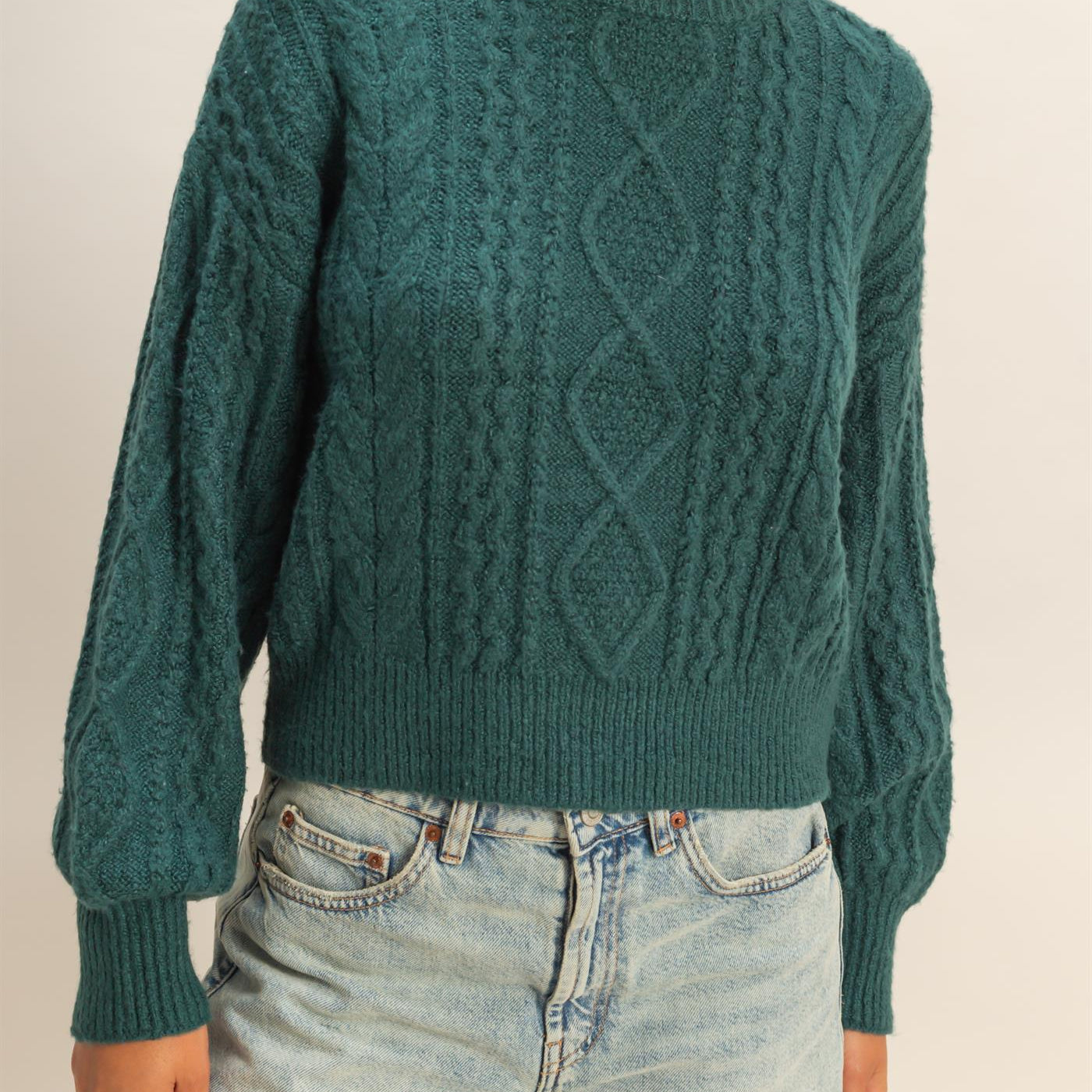 Wholesale Cable Knit Balloon Sleeve Sweater Sweaters DZ25F126 DEEP GREEN DOUBLE ZERO