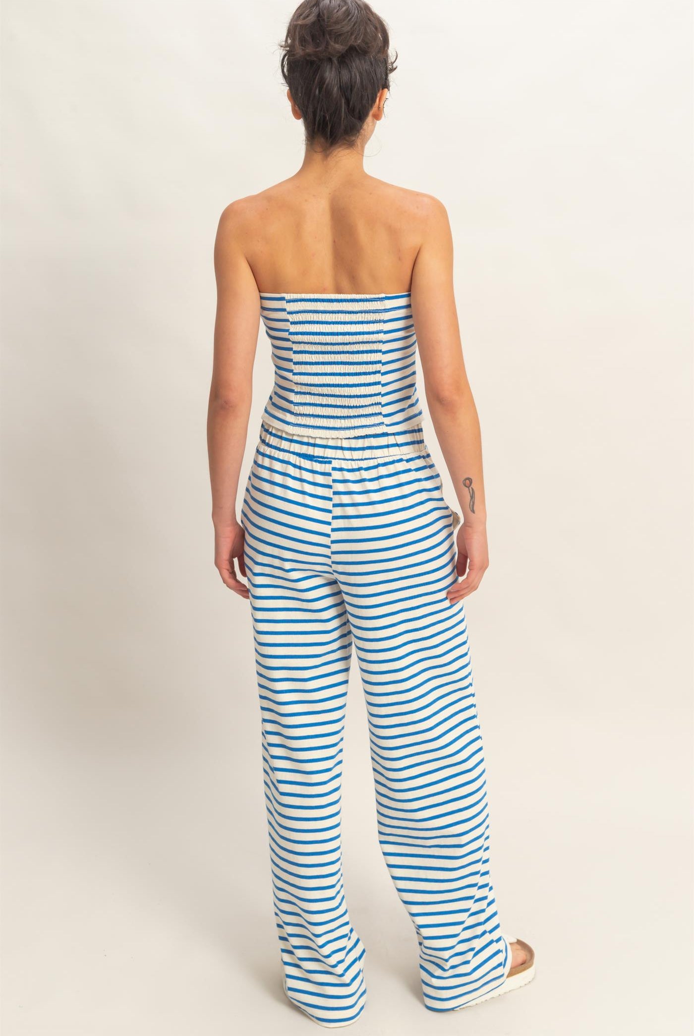 Wholesale Striped Jersey Tube Top And Pants Set Clothing DZ26C621-SET BLUE DOUBLE ZERO