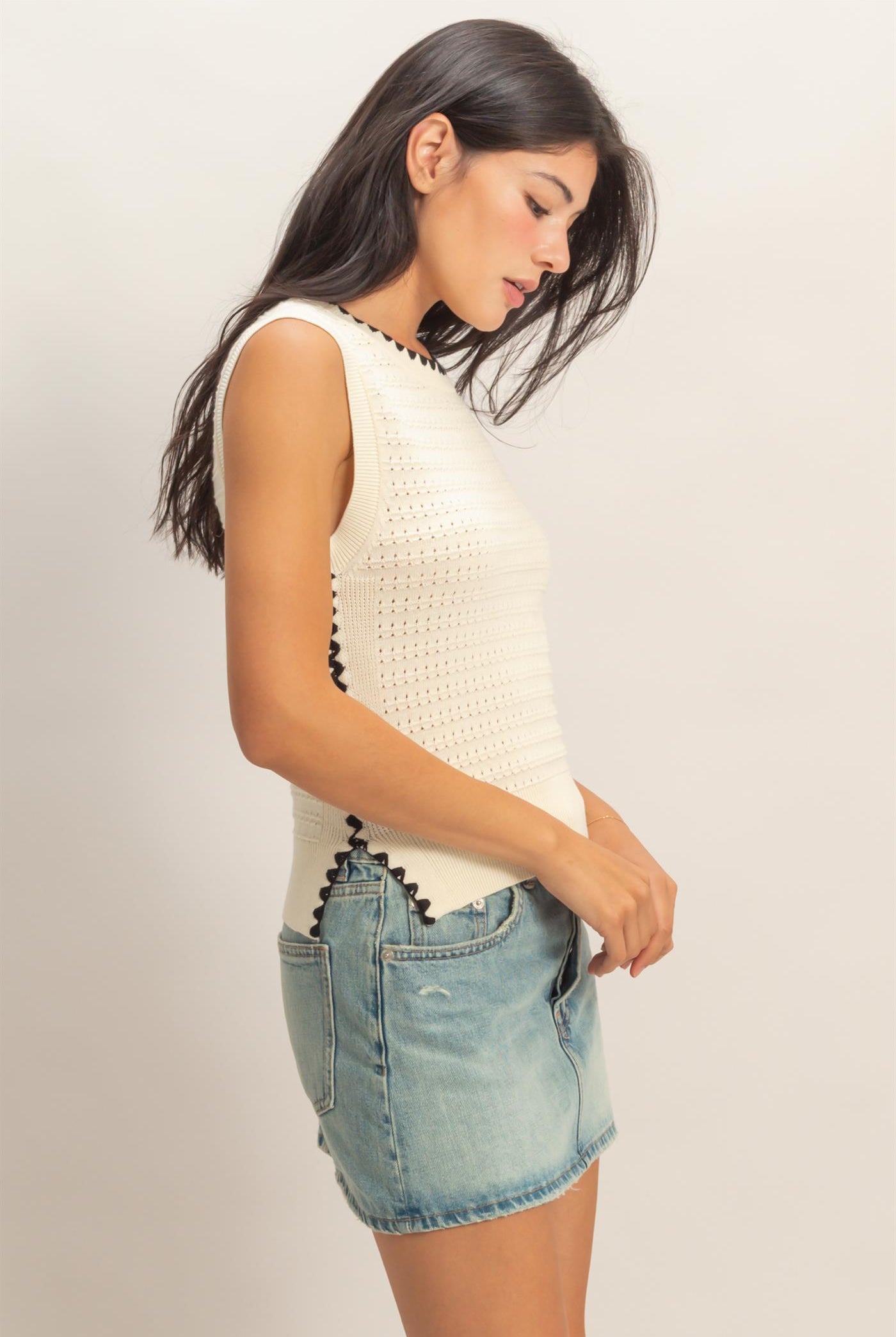 Wholesale Eyelet Sleeveless Knit Top Clothing Tops DZ26A617 CREAM DOUBLE ZERO