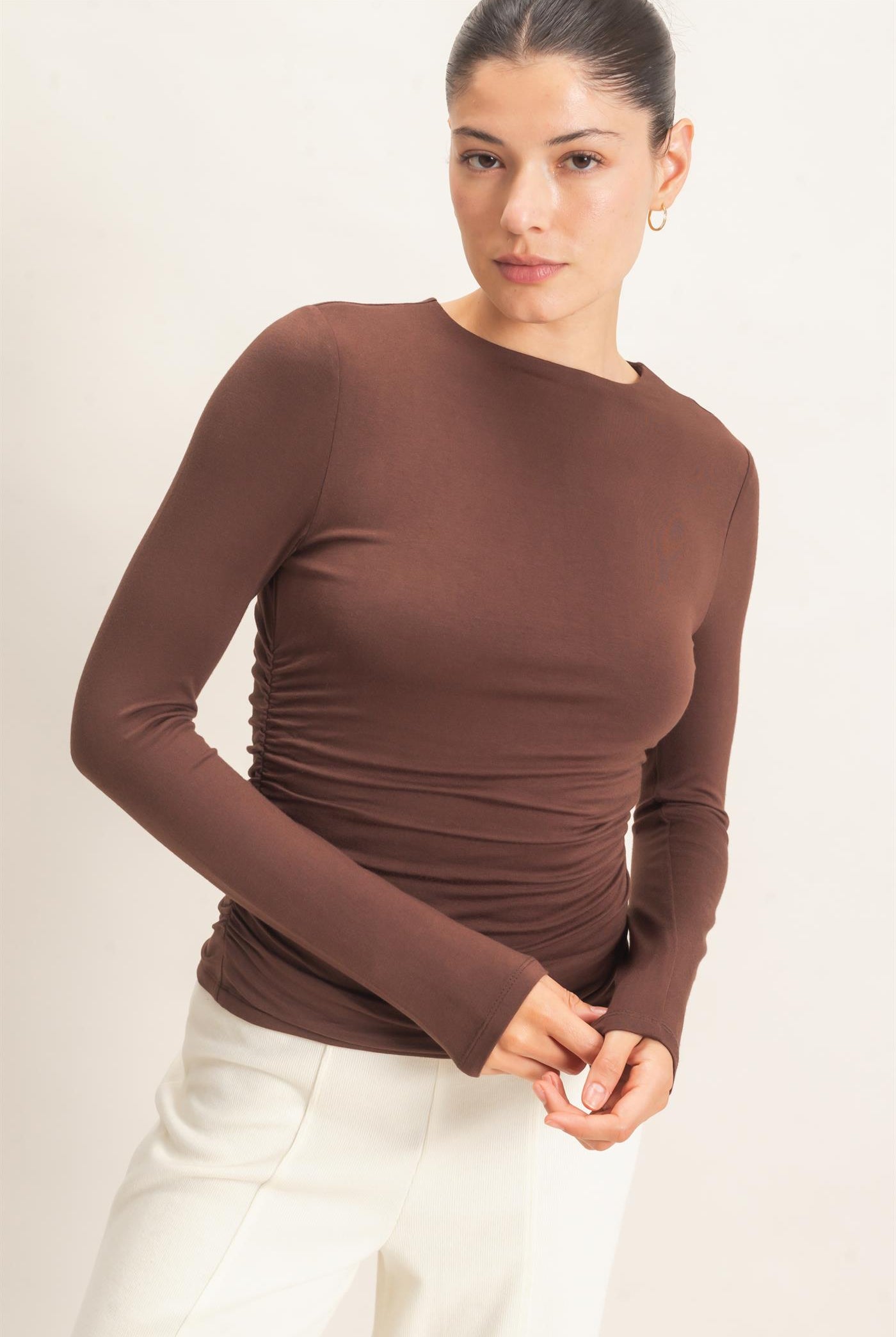 Wholesale Ruched Long Sleeve Top Clothing Tops HF26E776 ESPRESSO HYFVE