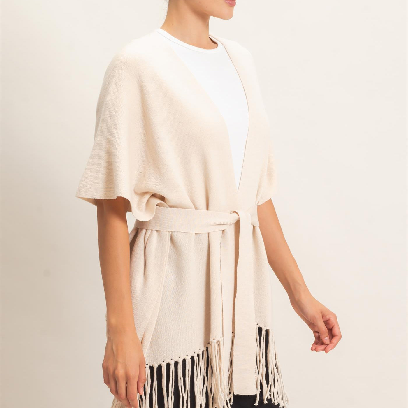 Wholesale Fringe Hem Kimono Sweater Kimonos HF26E041 OATMEAL HYFVE