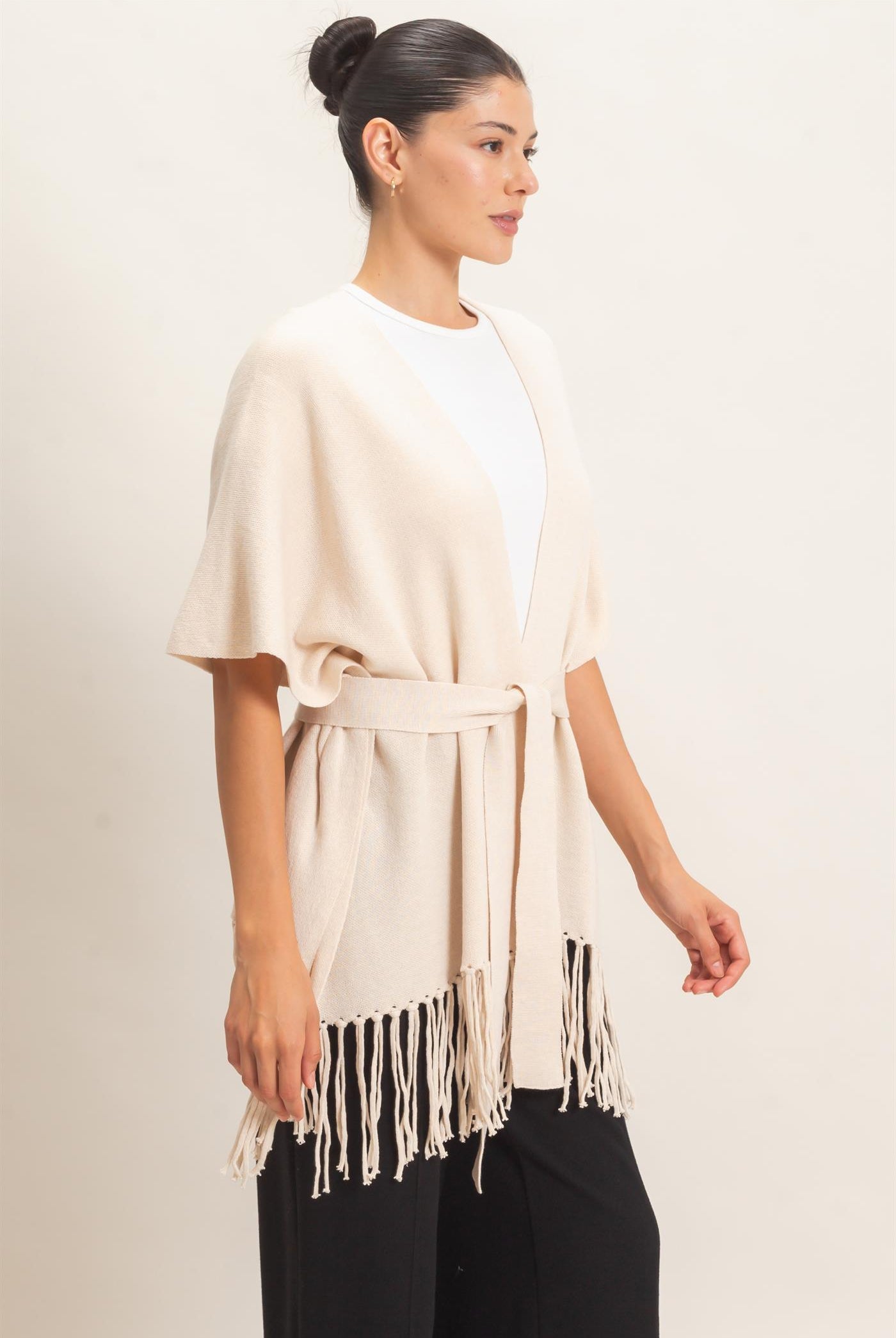Wholesale Fringe Hem Kimono Sweater Kimonos HF26E041 OATMEAL HYFVE
