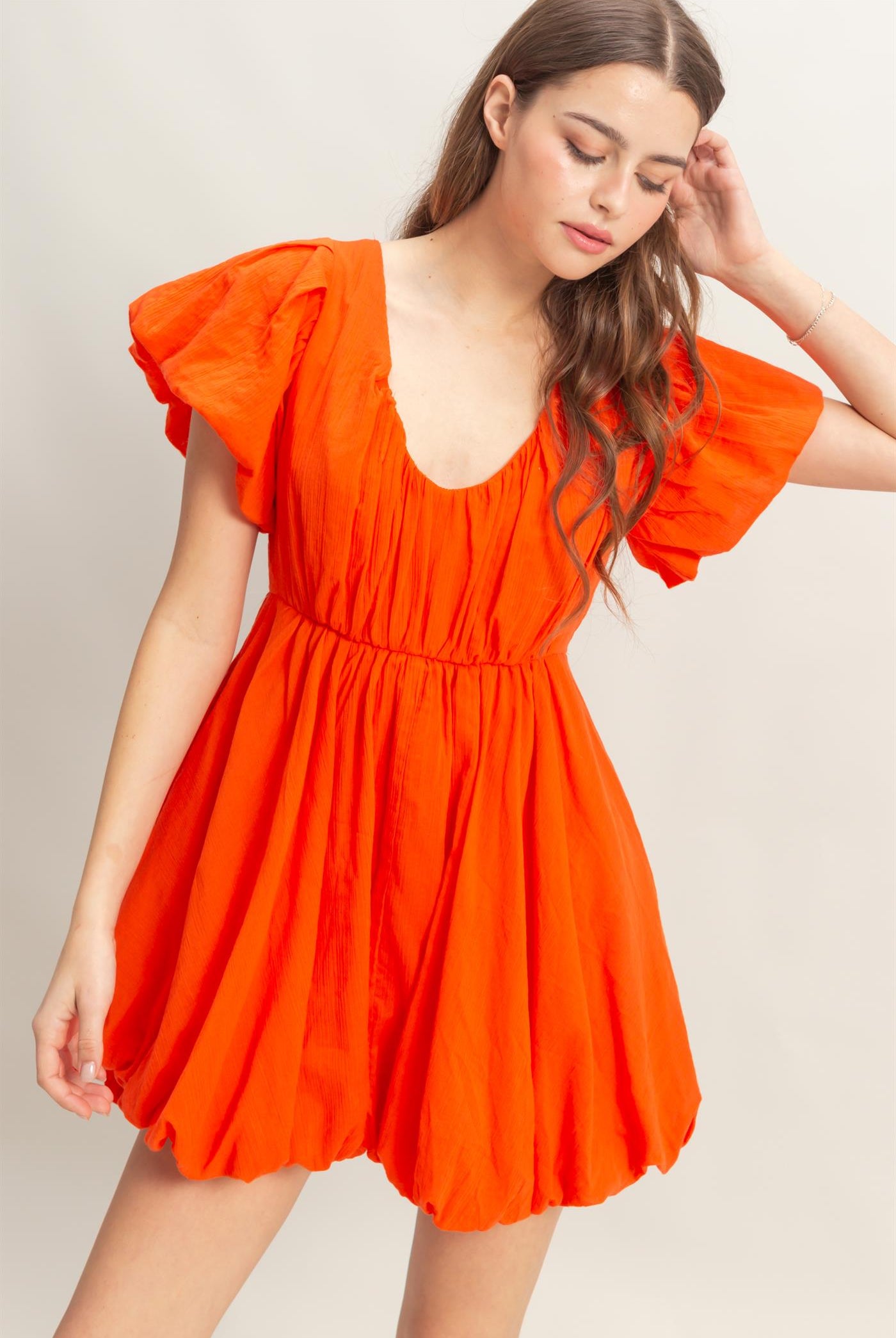 Wholesale V-Neck Puff Sleeve Flowy Mini Dress Dresses HF25A226 RED HYFVE