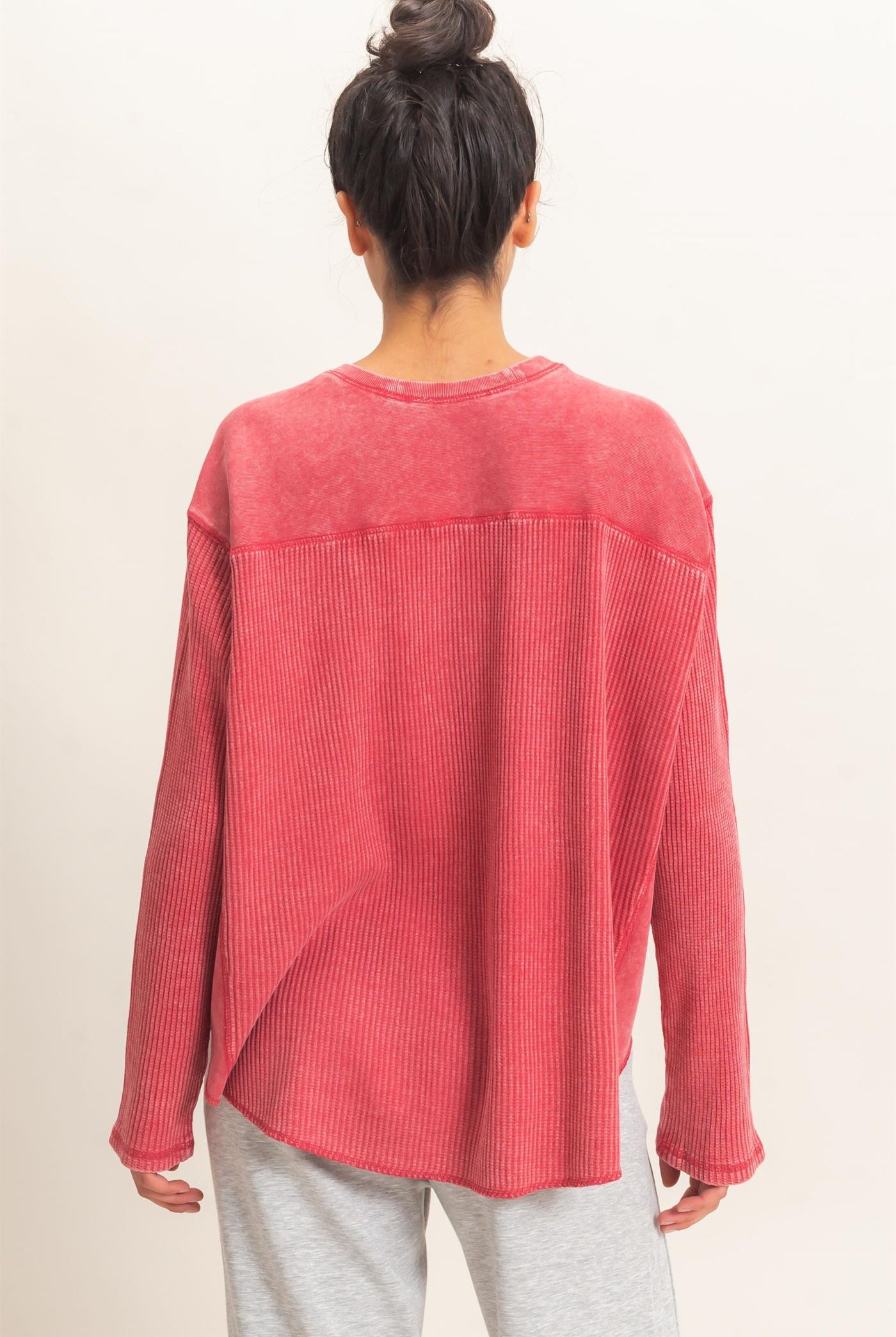 Wholesale Oversized Mineral Washed Waffle Knit Top Clothing Tops DZ26E654 DARK RED DOUBLE ZERO