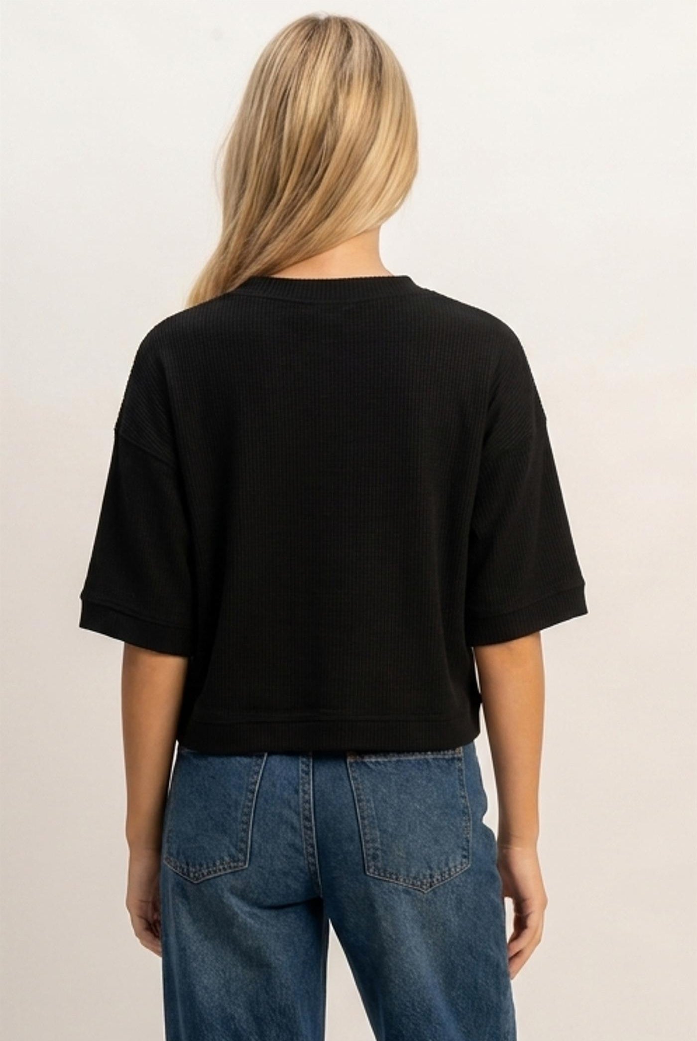 Wholesale Button-Down Short Sleeve Waffle Top Clothing Tops DZ26F244 BLACK DOUBLE ZERO